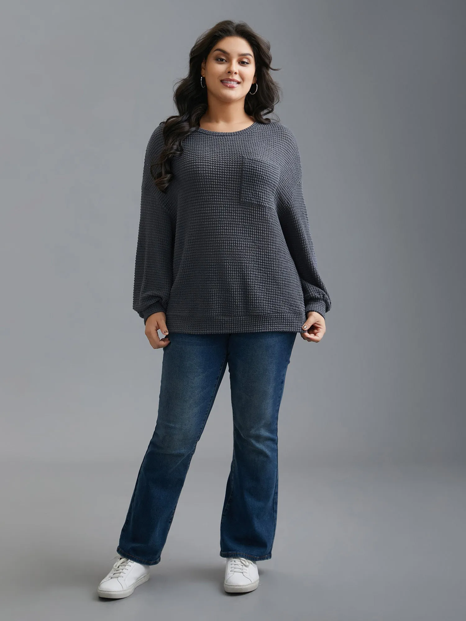 Round Neck Waffle Knit Patched Pocket Top sold by Bloomchic product image thumbnail 4