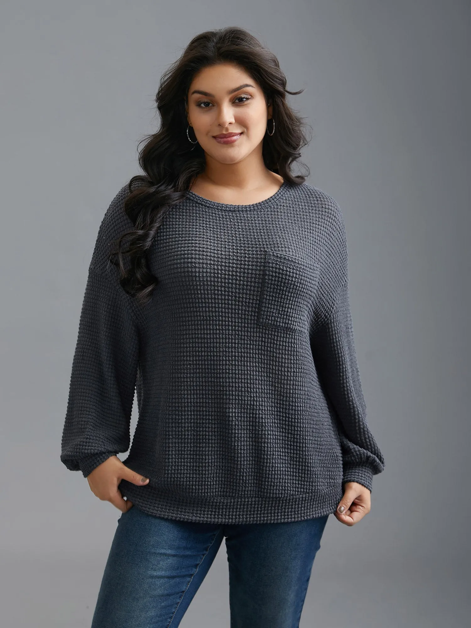 Round Neck Waffle Knit Patched Pocket Top sold by Bloomchic product image thumbnail 3