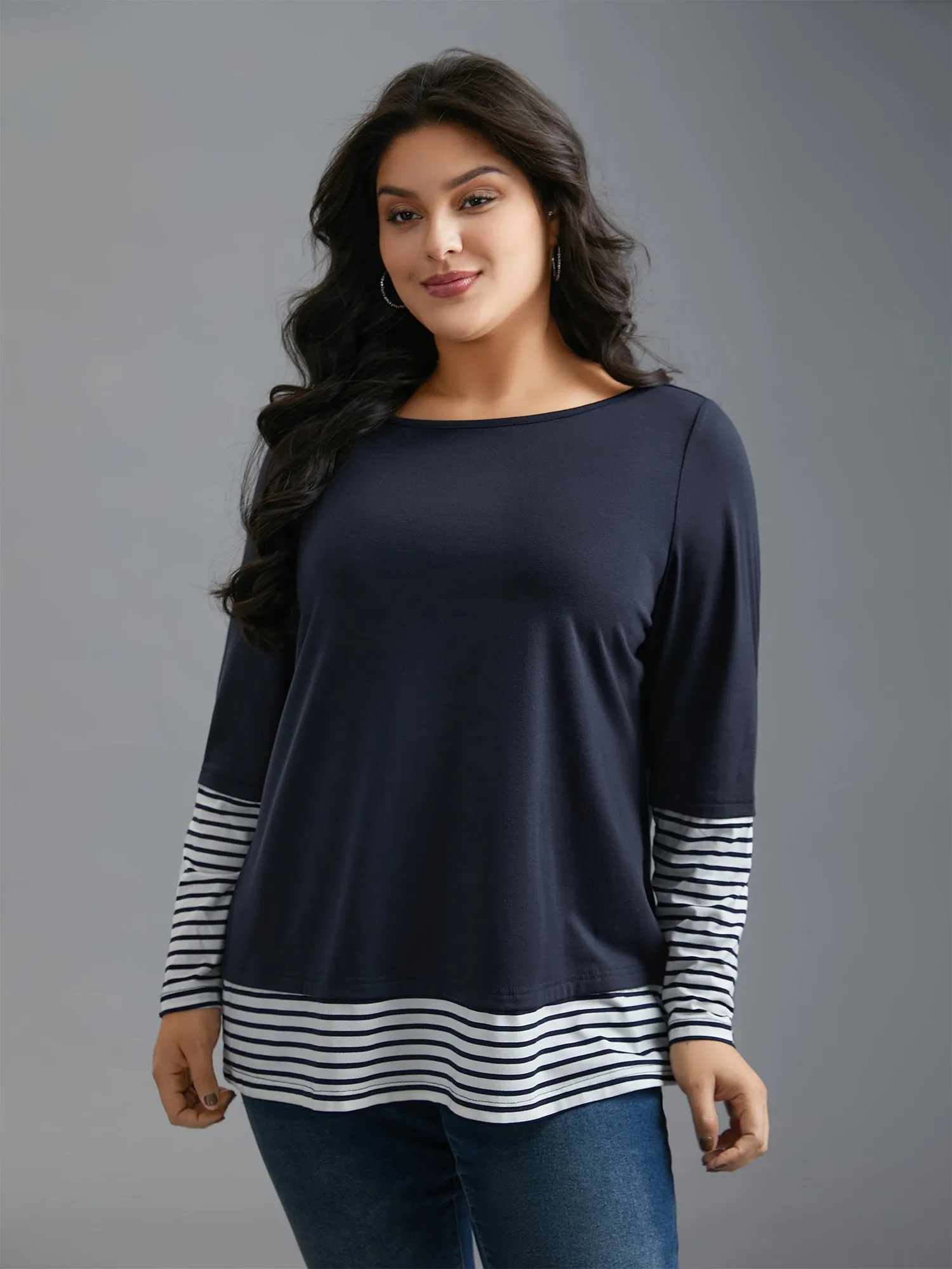 Boat Neck Striped Patchwork T-Shirt sold by Bloomchic