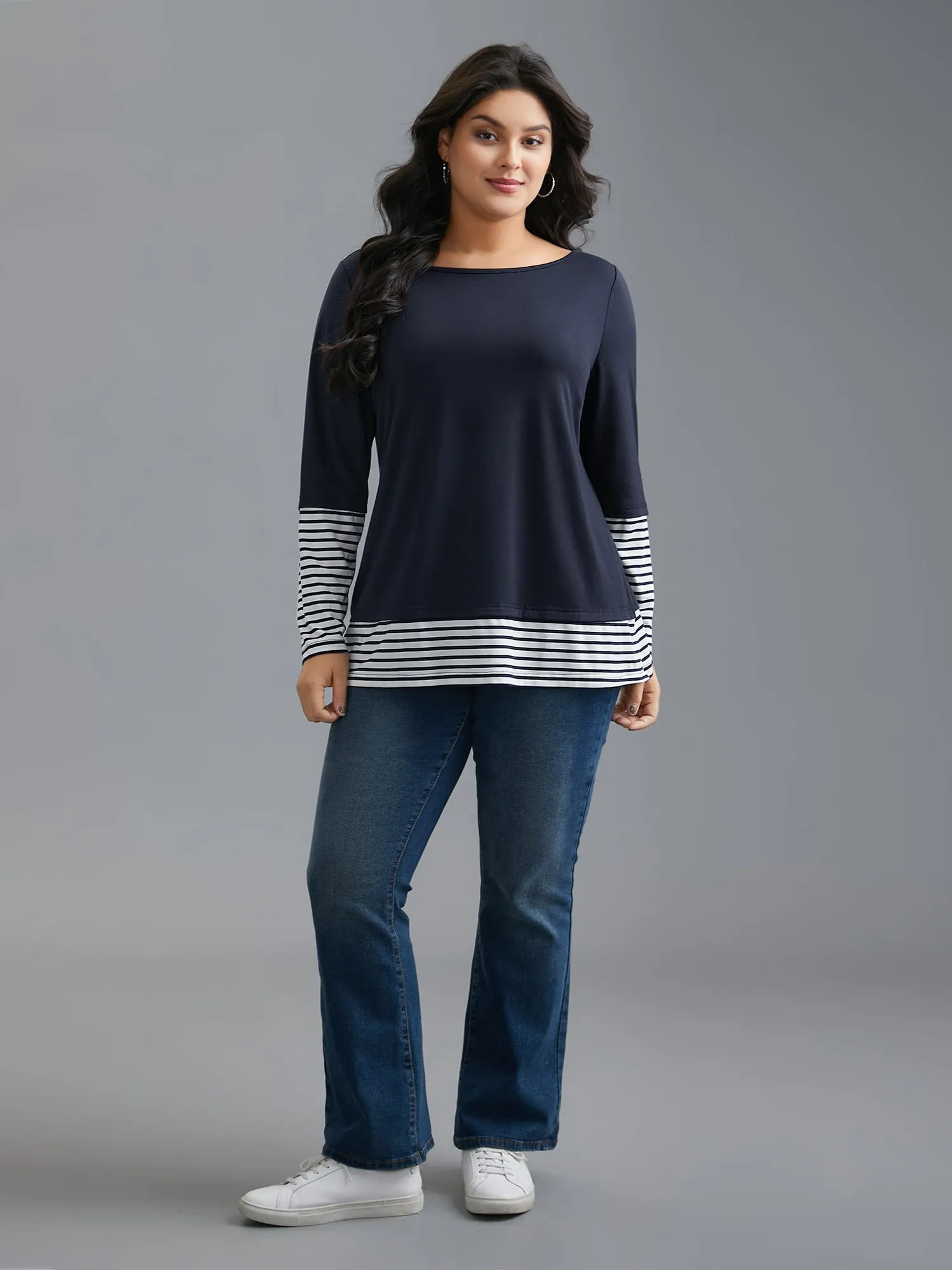 Boat Neck Striped Patchwork T-Shirt sold by Bloomchic product image thumbnail 3