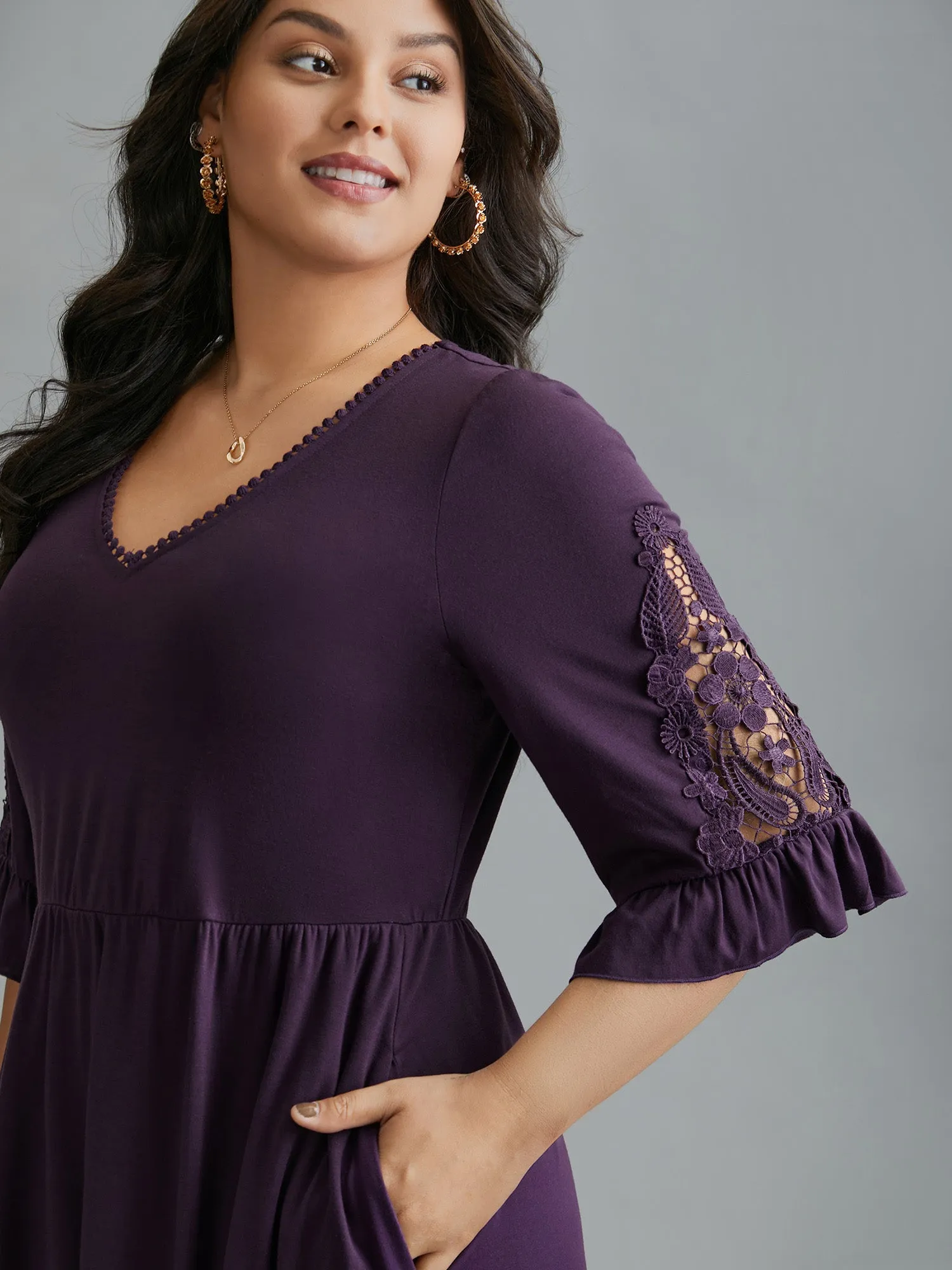 V Neck Plain Crochet Lace Mesh Dress sold by Bloomchic