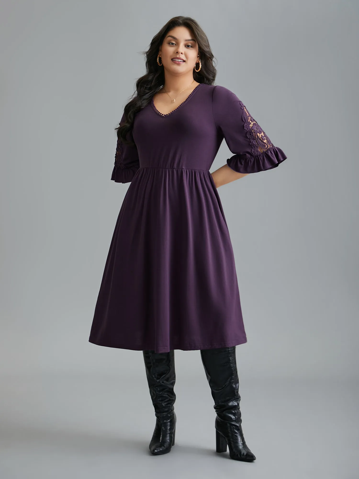 V Neck Plain Crochet Lace Mesh Dress sold by Bloomchic product image thumbnail 3