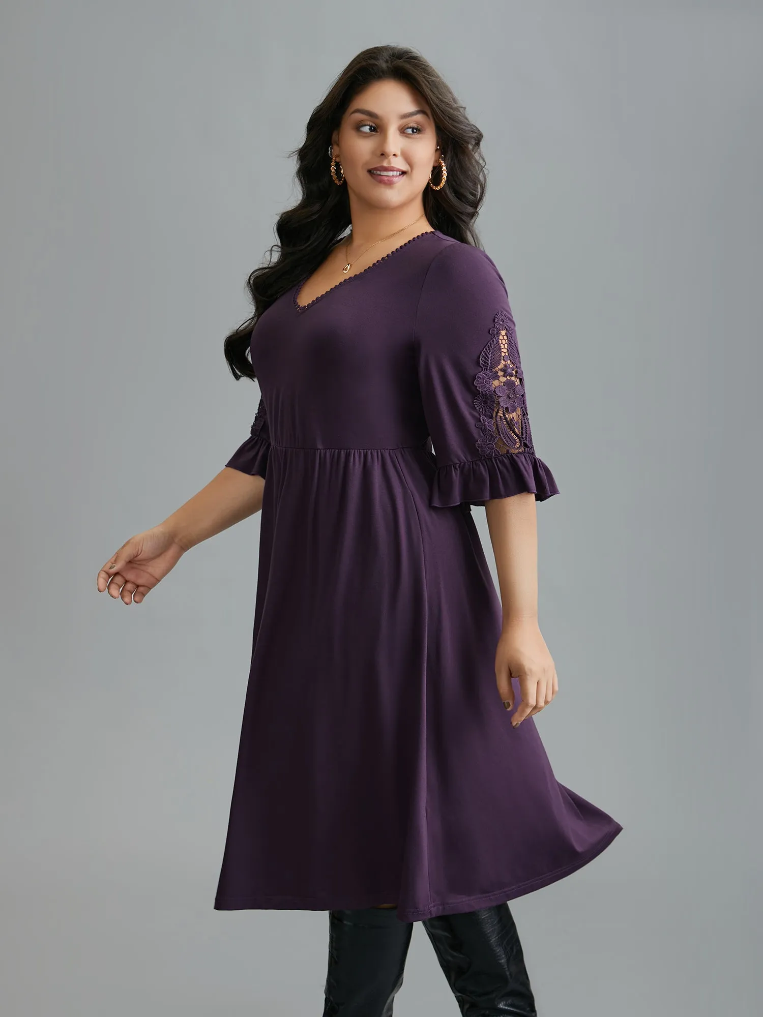 V Neck Plain Crochet Lace Mesh Dress sold by Bloomchic product image thumbnail 2