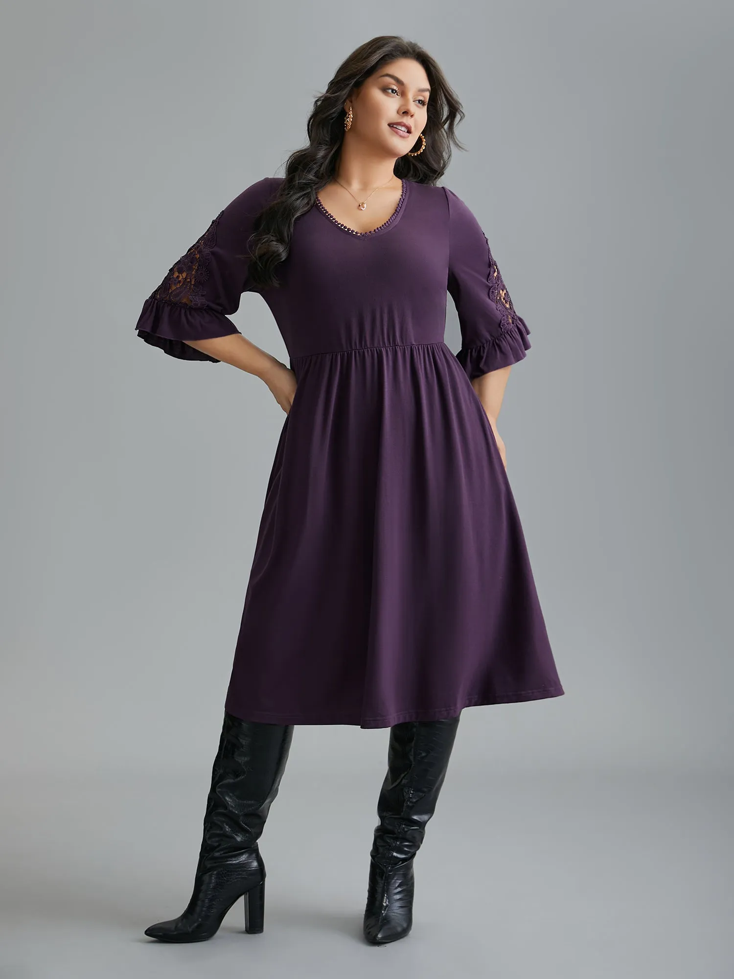 V Neck Plain Crochet Lace Mesh Dress sold by Bloomchic product image thumbnail 4