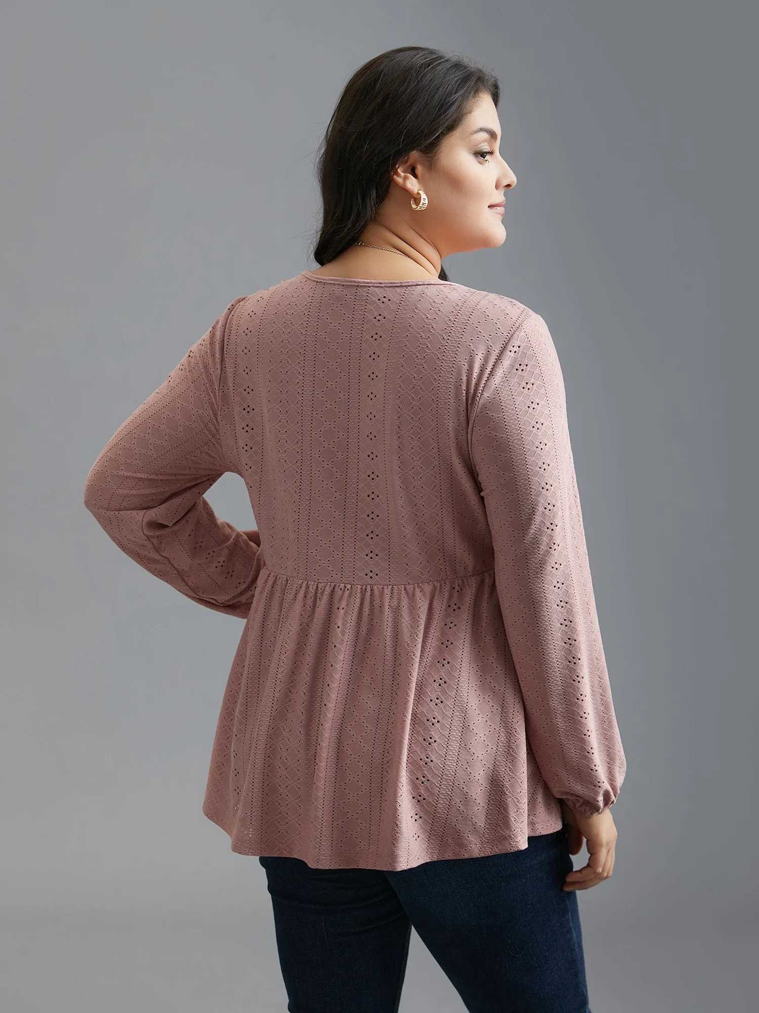 V-Neck Eyelet Gathered Knit Top sold by Bloomchic product image thumbnail 4