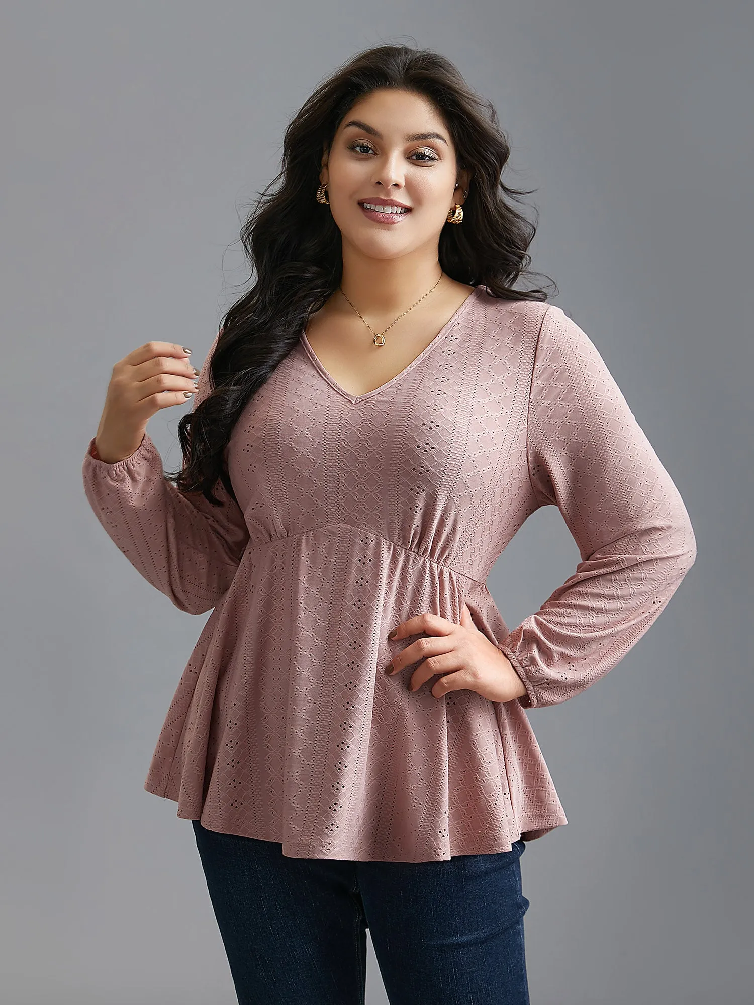 V-Neck Eyelet Gathered Knit Top sold by Bloomchic product image thumbnail 3