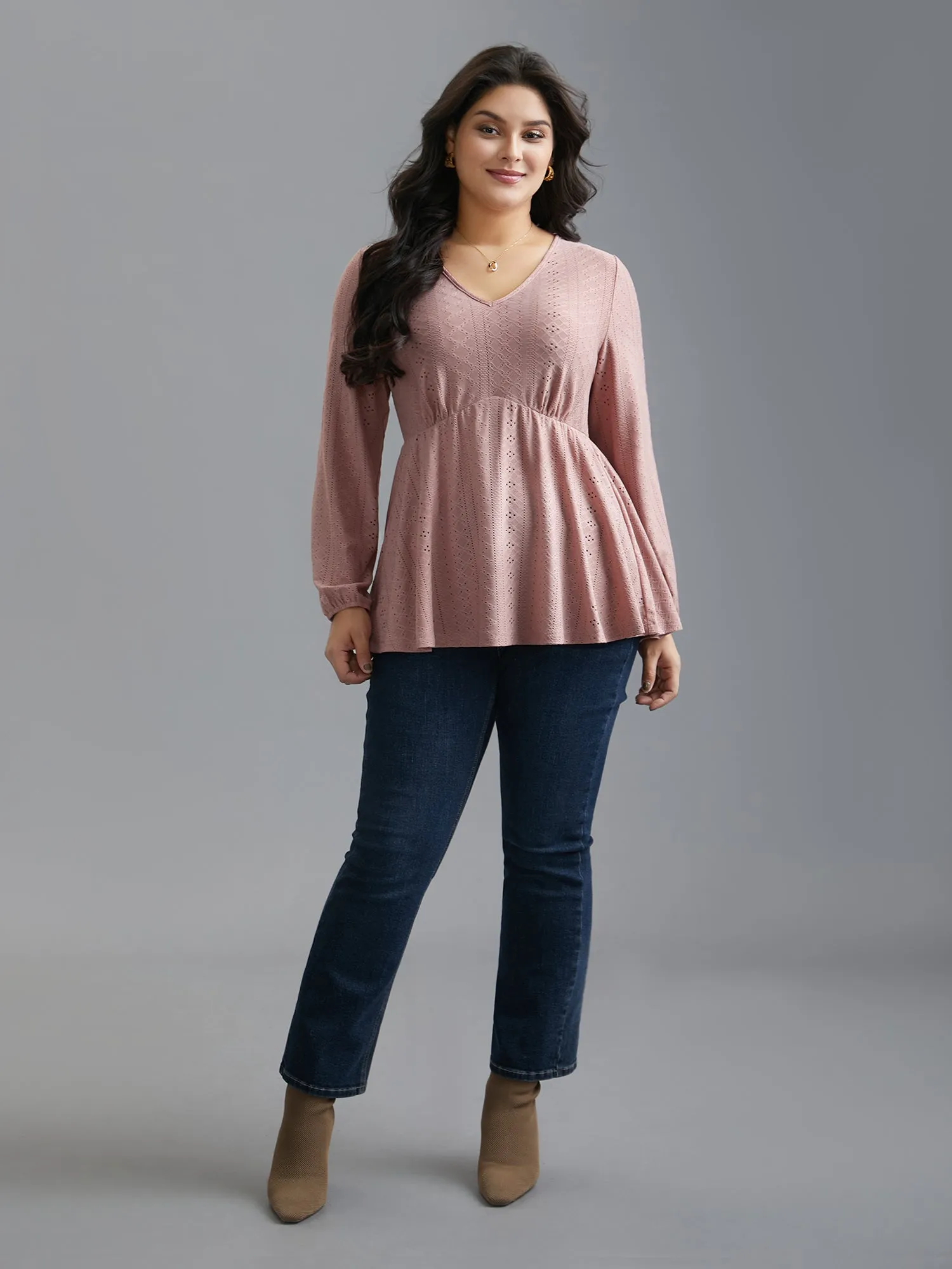V-Neck Eyelet Gathered Knit Top sold by Bloomchic product image thumbnail 2