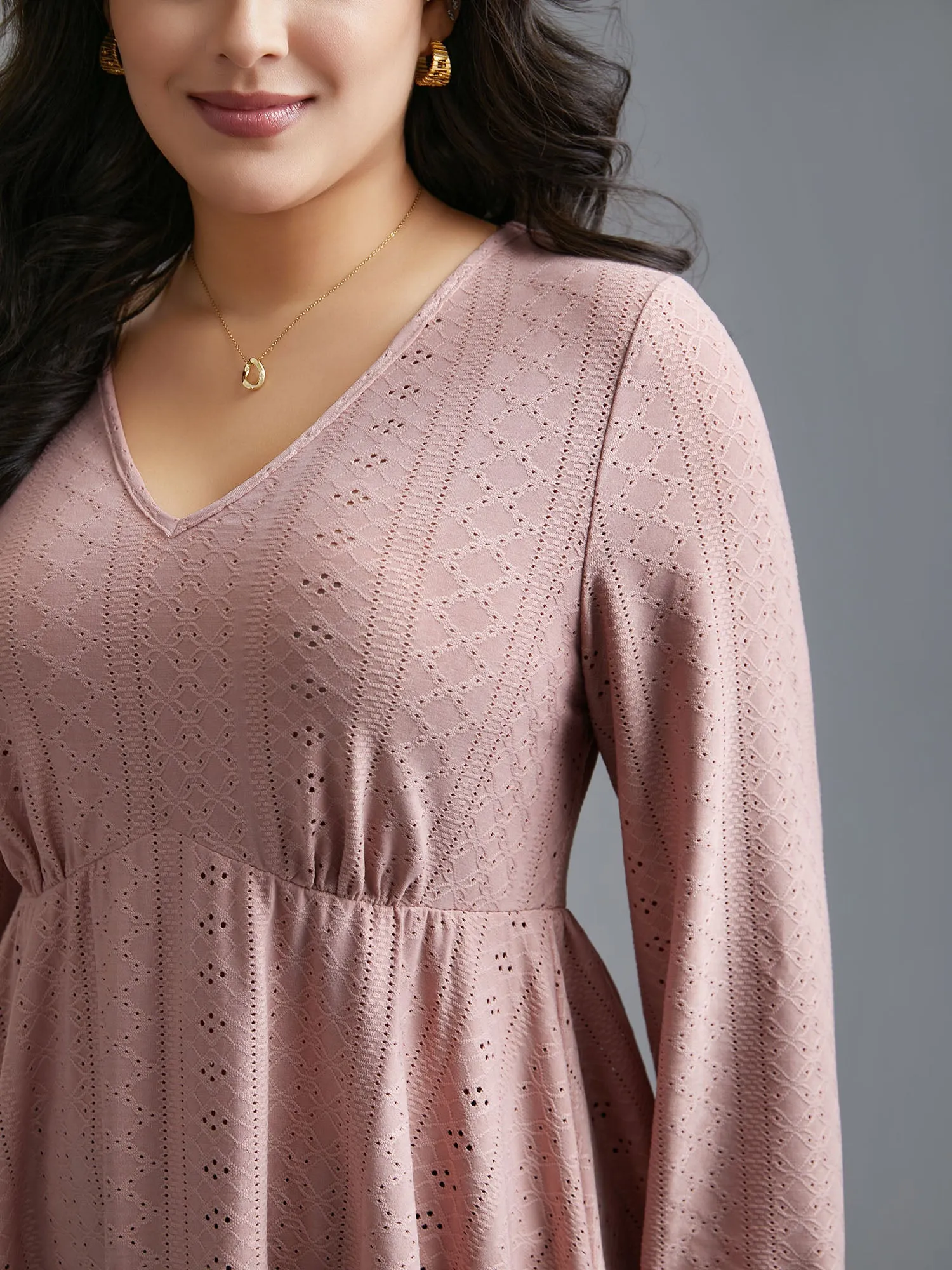 V-Neck Eyelet Gathered Knit Top sold by Bloomchic product image thumbnail 5