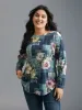 Crew Neck Floral Curved Hem T-Shirt sold by Bloomchic