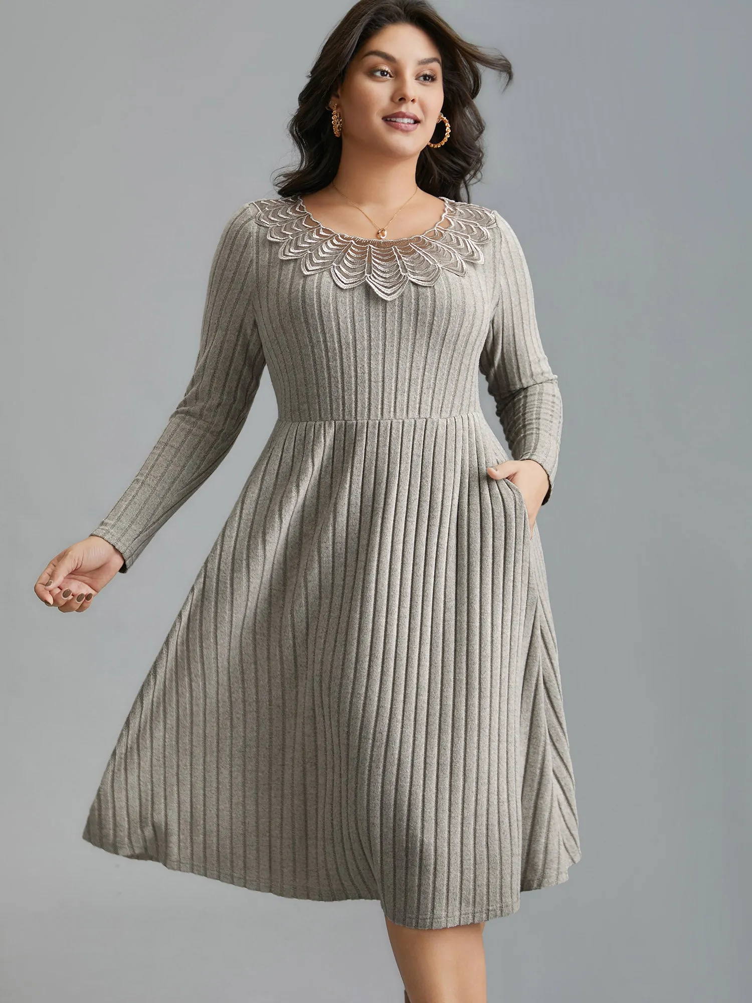 Lace Neck Patchwork Ribbed Knit Dress sold by Bloomchic