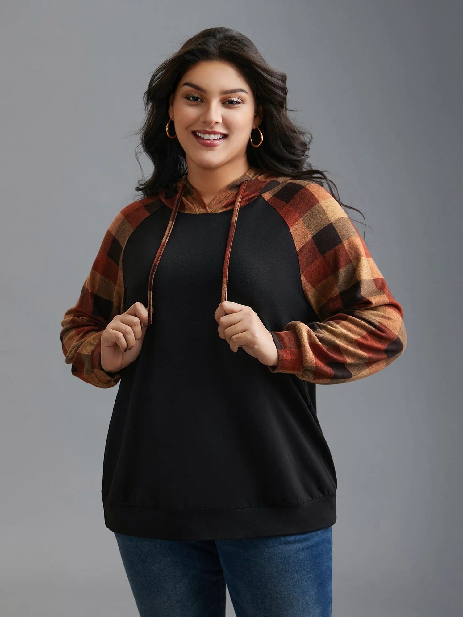 Plaid Colorblock Contrast Hooded Drawstring Sweatshirt sold by Bloomchic product image thumbnail 2