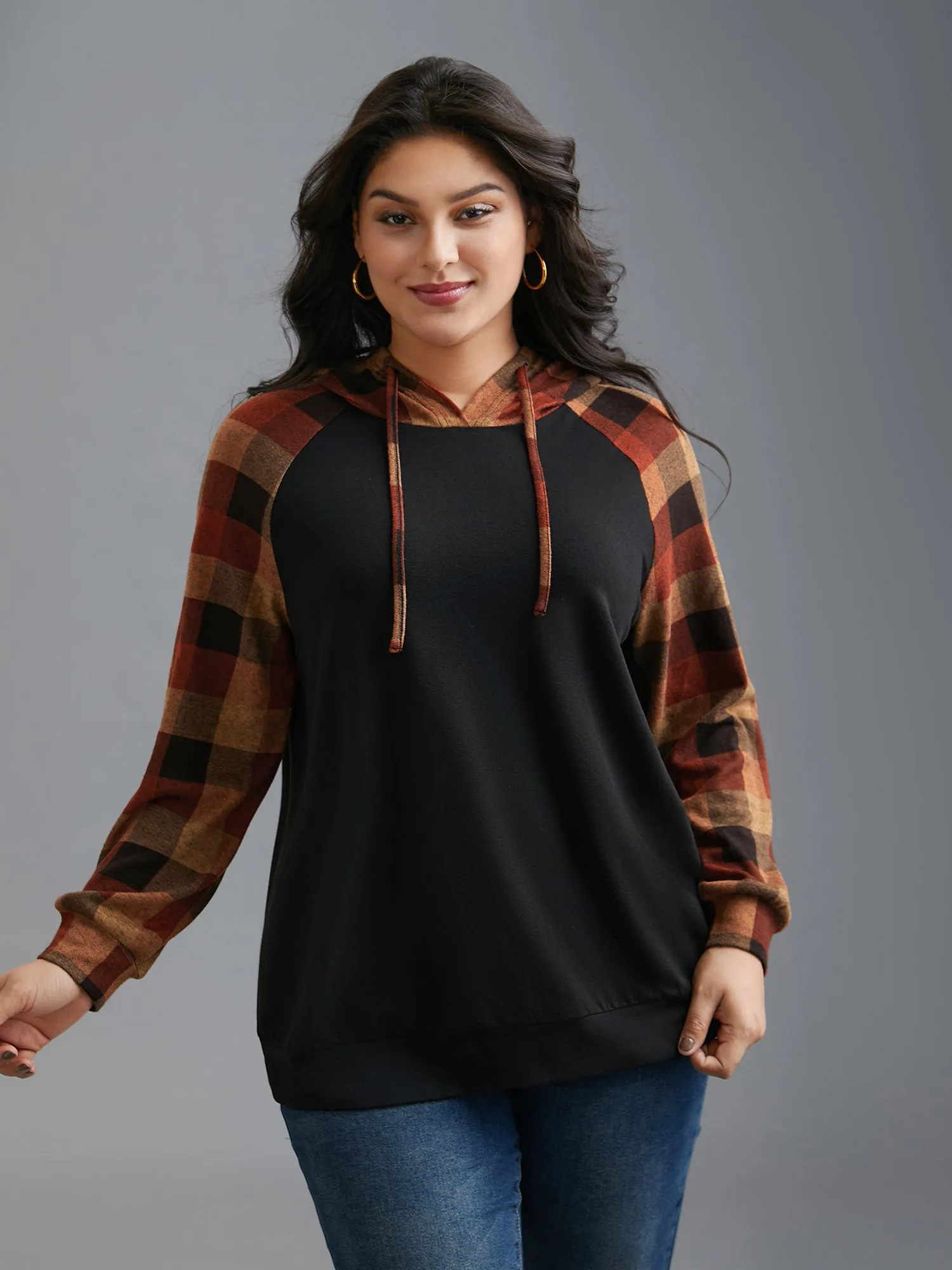 Plaid Colorblock Contrast Hooded Drawstring Sweatshirt sold by Bloomchic product image thumbnail 5