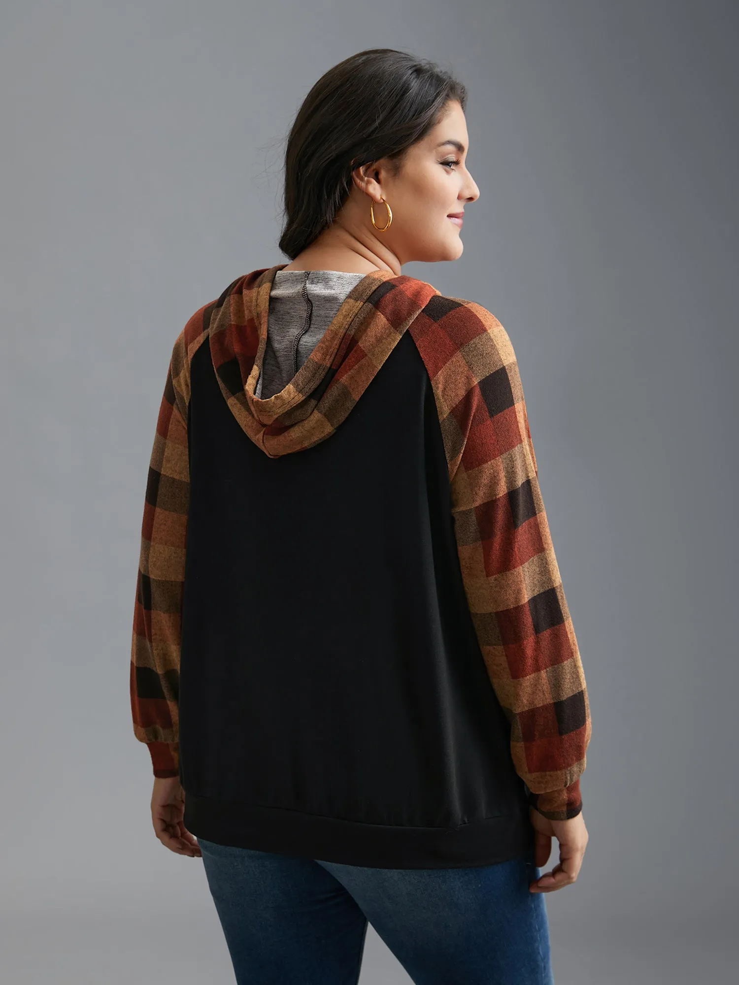 Plaid Colorblock Contrast Hooded Drawstring Sweatshirt sold by Bloomchic product image thumbnail 3