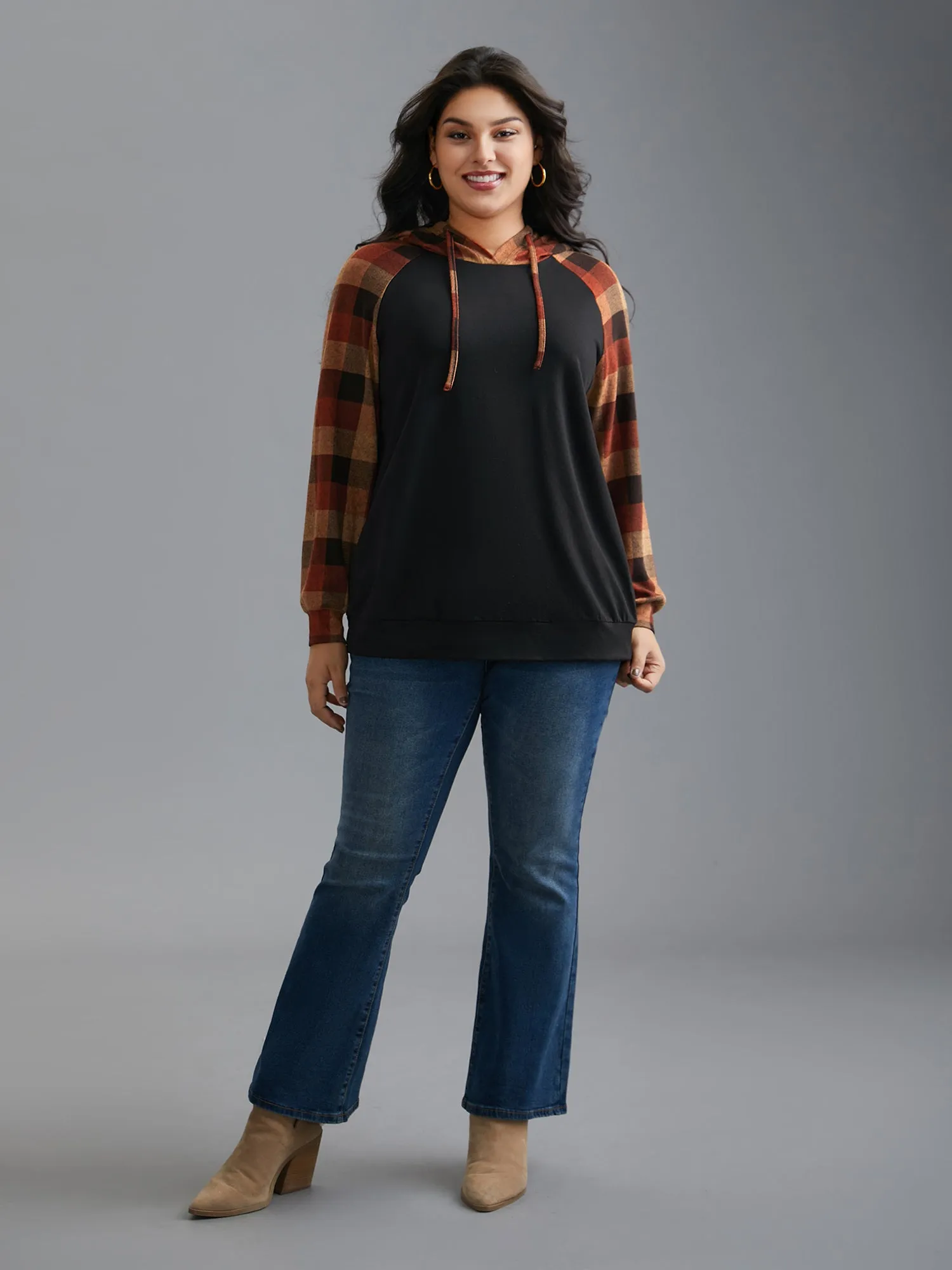 Plaid Colorblock Contrast Hooded Drawstring Sweatshirt sold by Bloomchic product image thumbnail 4