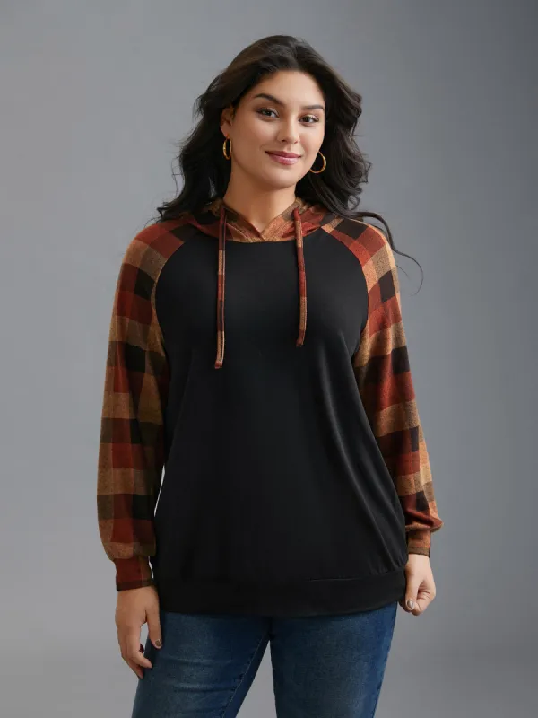 Plaid Colorblock Contrast Hooded Drawstring Sweatshirt sold by Bloomchic