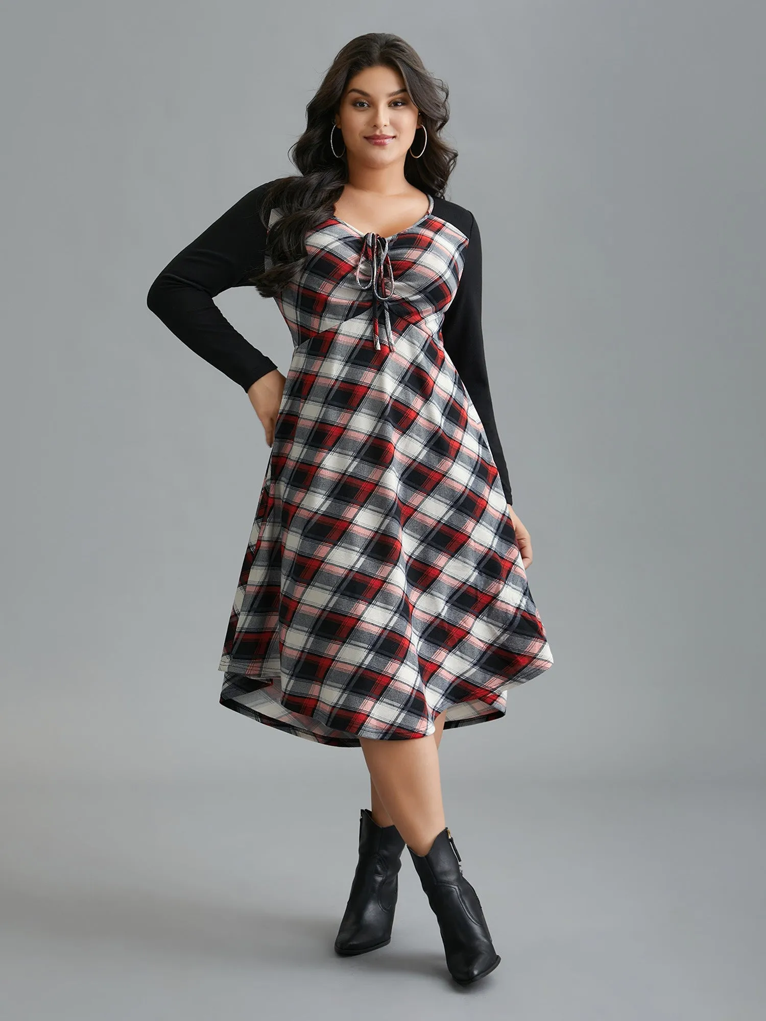Plaid Patchwork Ties Curved Hem Dress sold by Bloomchic product image thumbnail 3
