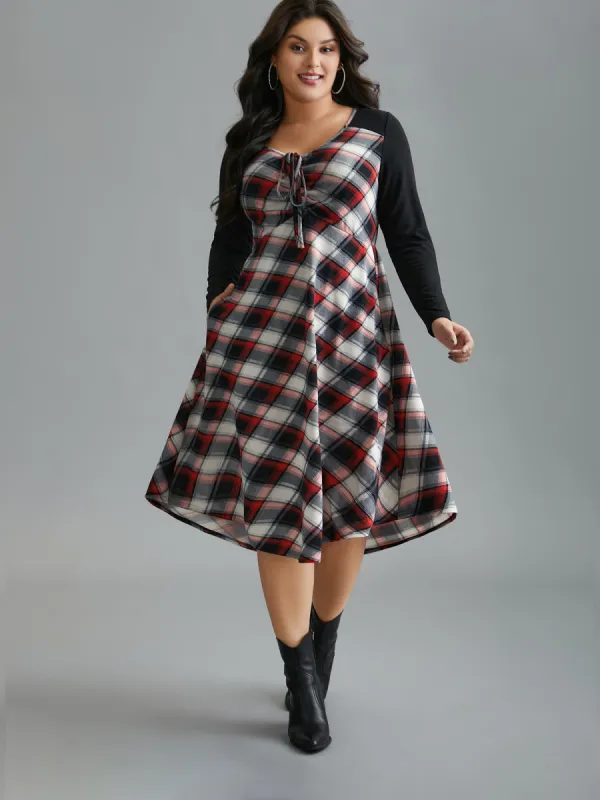 Plaid Patchwork Ties Curved Hem Dress made by Bloomchic