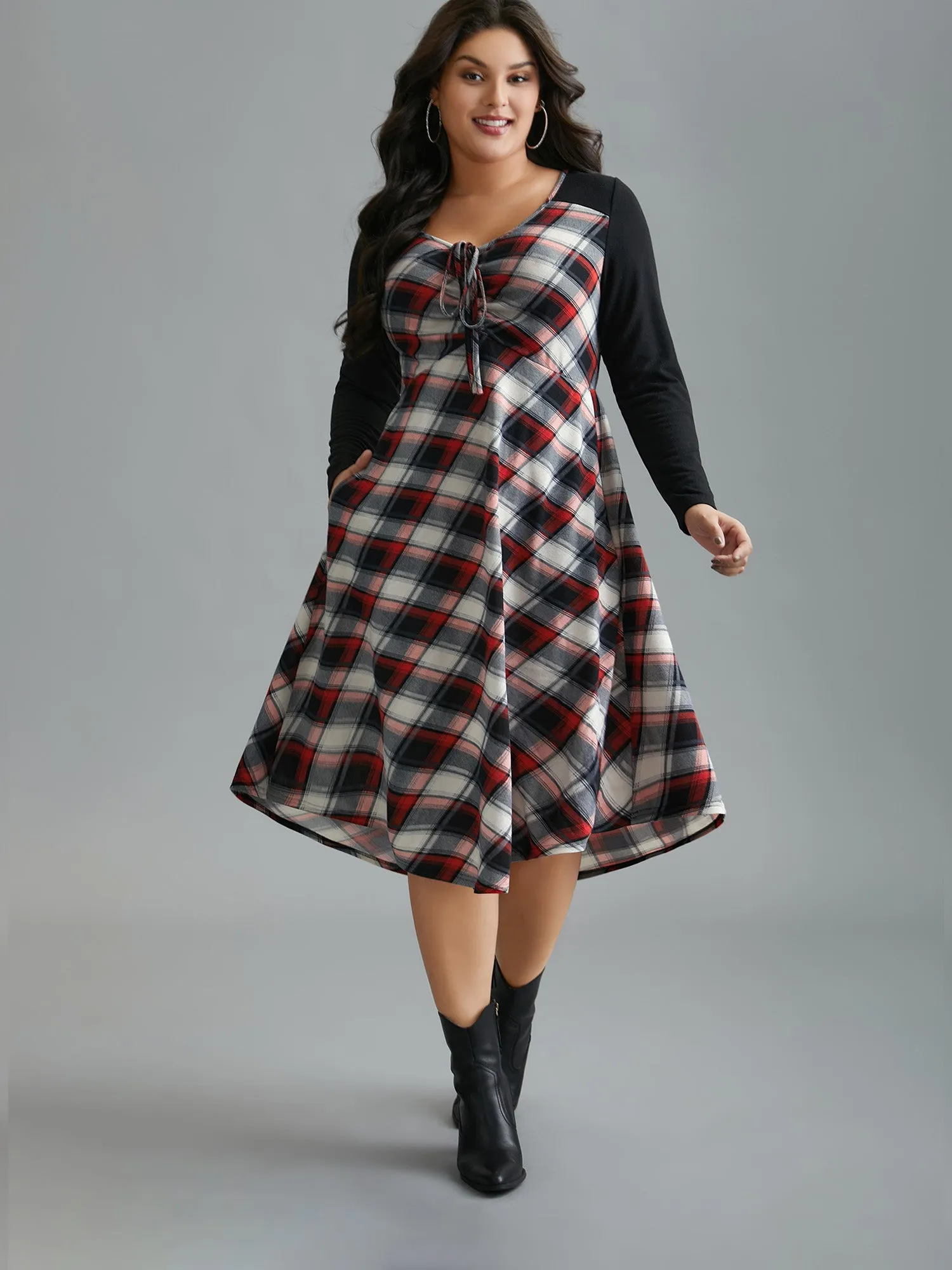 Plaid Patchwork Ties Curved Hem Dress sold by Bloomchic