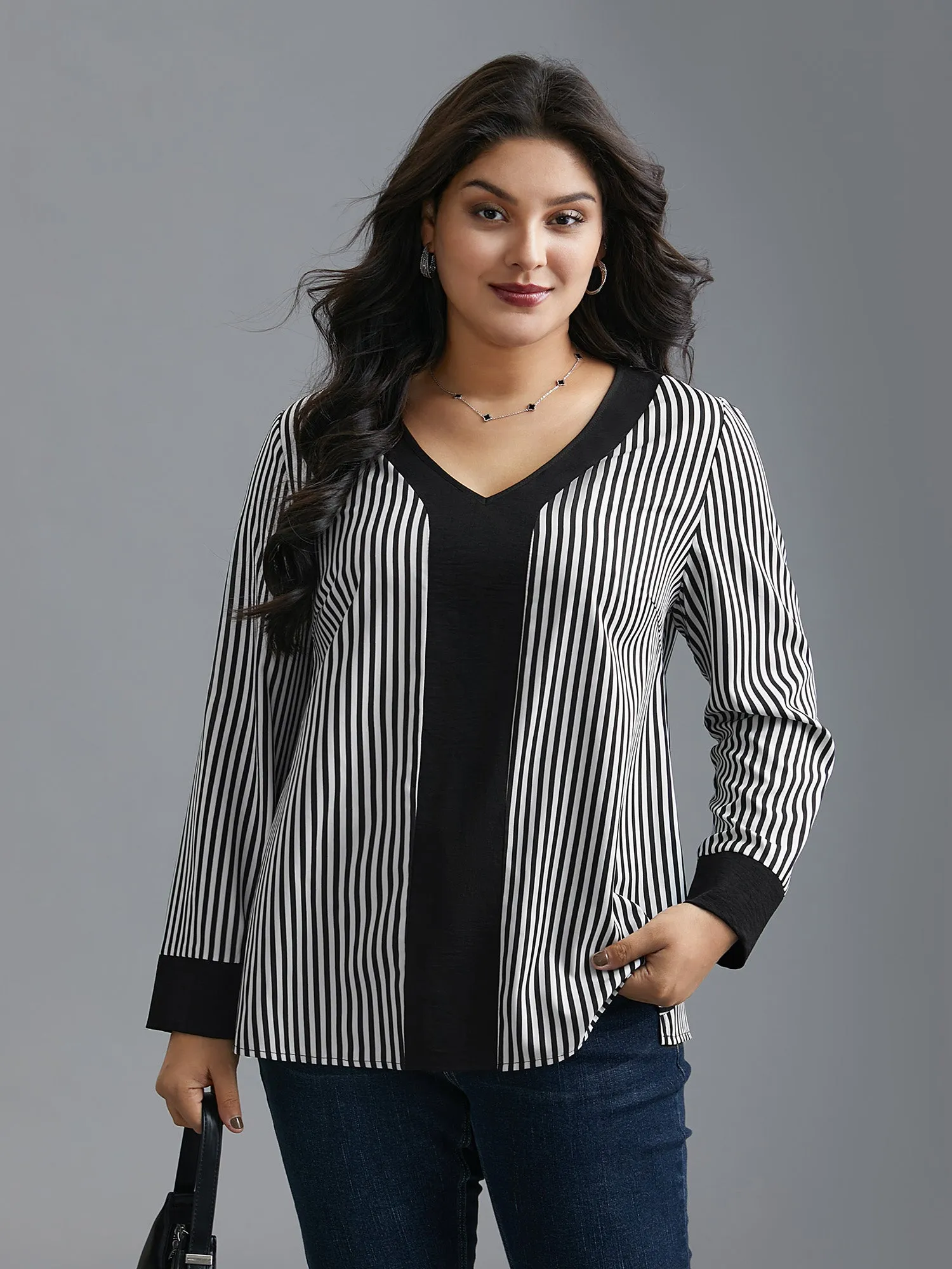 V Neck Striped Patchwork Blouse sold by Bloomchic product image thumbnail 4