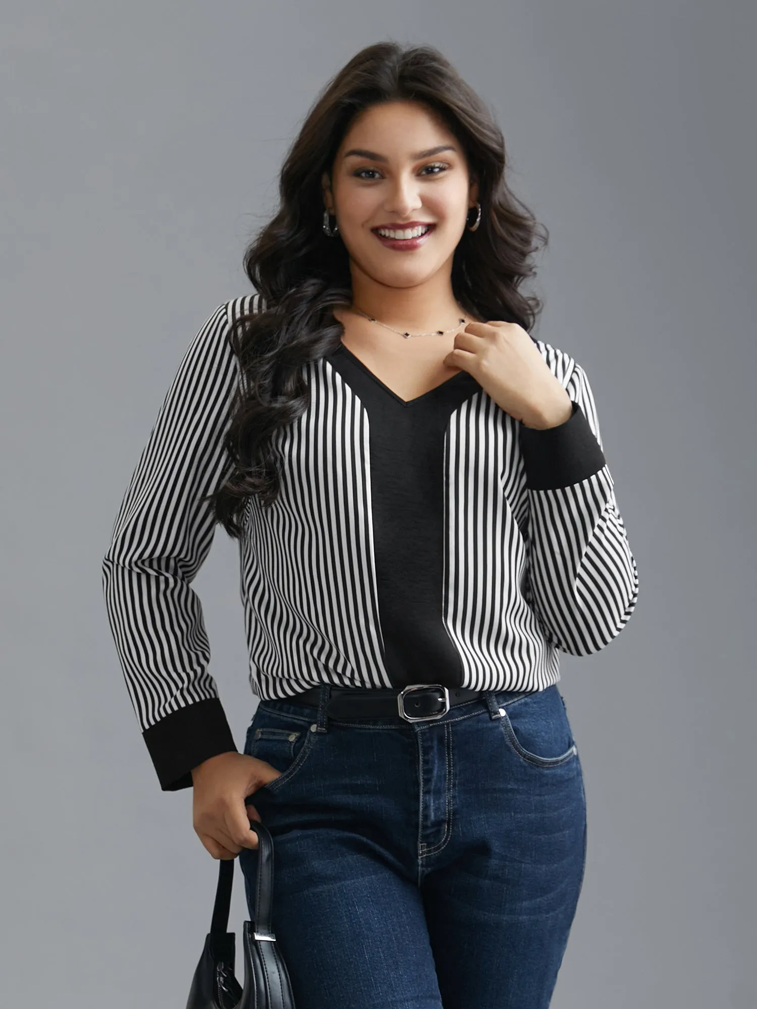 V Neck Striped Patchwork Blouse sold by Bloomchic product image thumbnail 2
