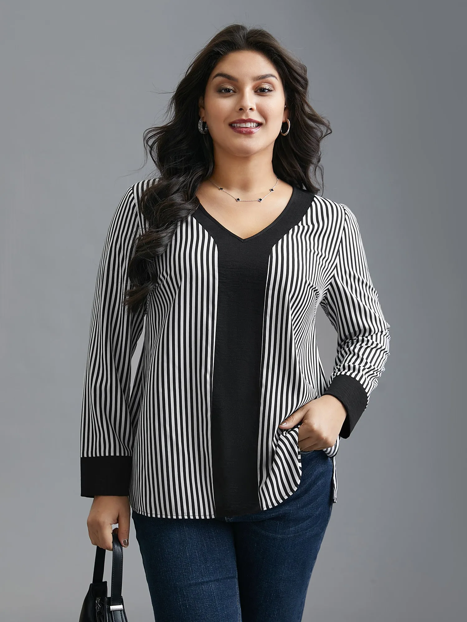 V Neck Striped Patchwork Blouse sold by Bloomchic