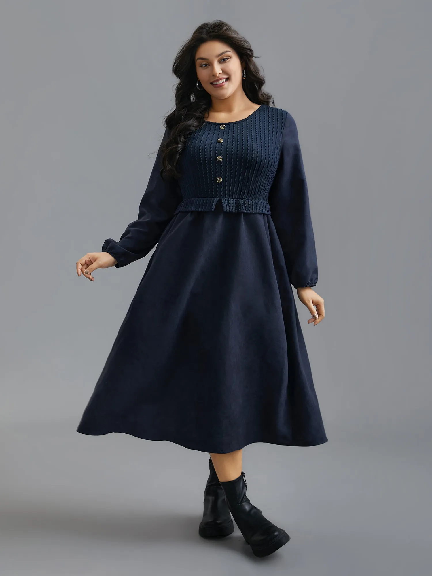 Textured Button Detail Lantern Sleeve Dress sold by Bloomchic product image thumbnail 4