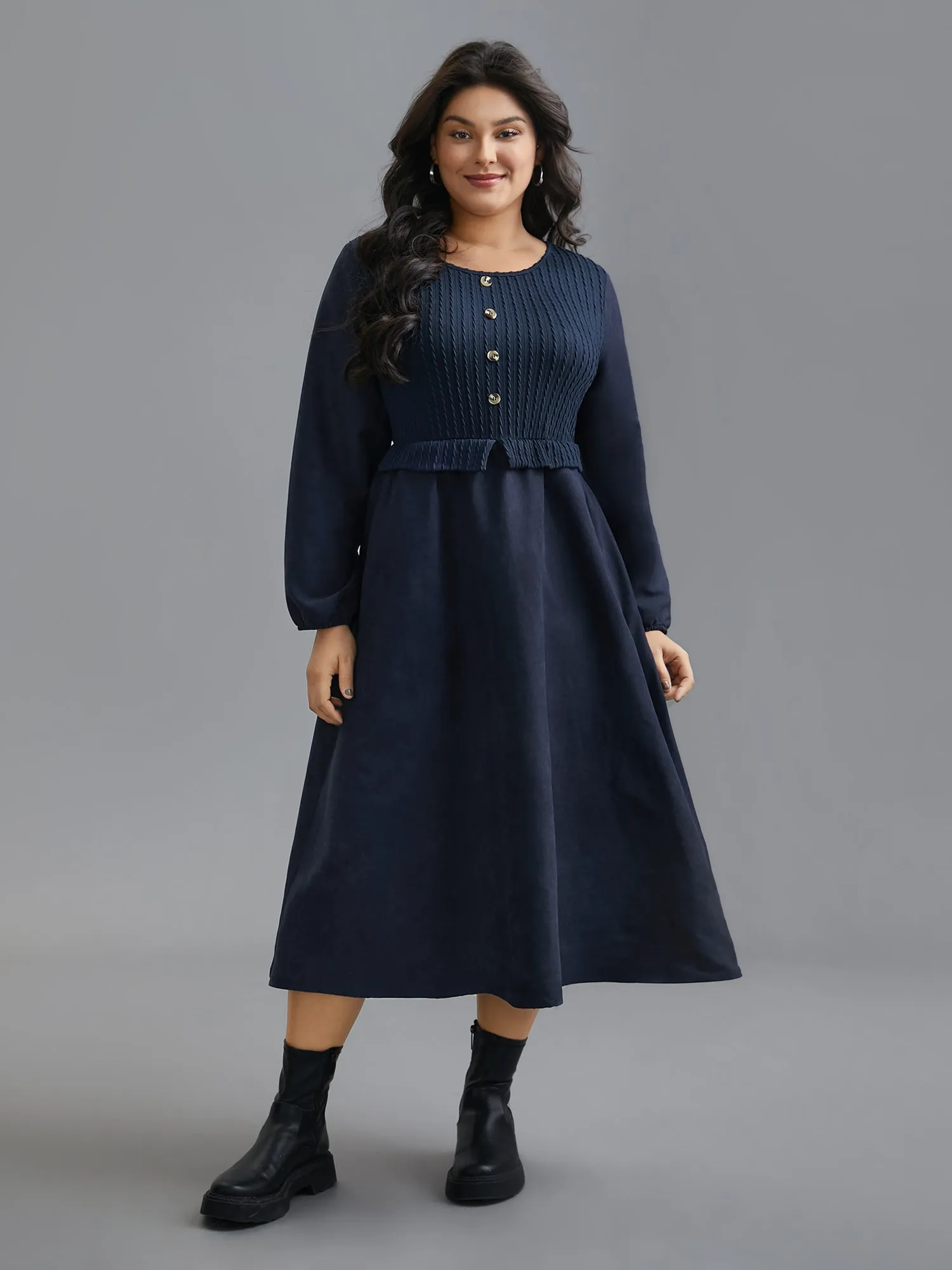 Textured Button Detail Lantern Sleeve Dress sold by Bloomchic product image thumbnail 3