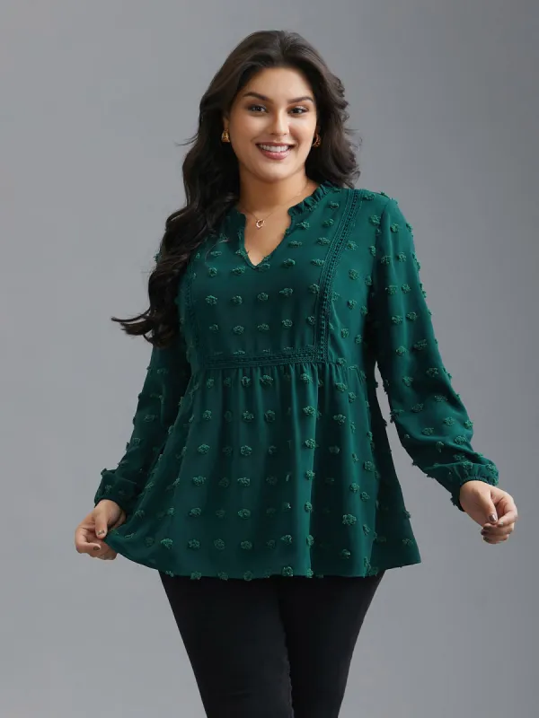 Notched Collar Ruffle Trim Textured Blouse sold by Bloomchic