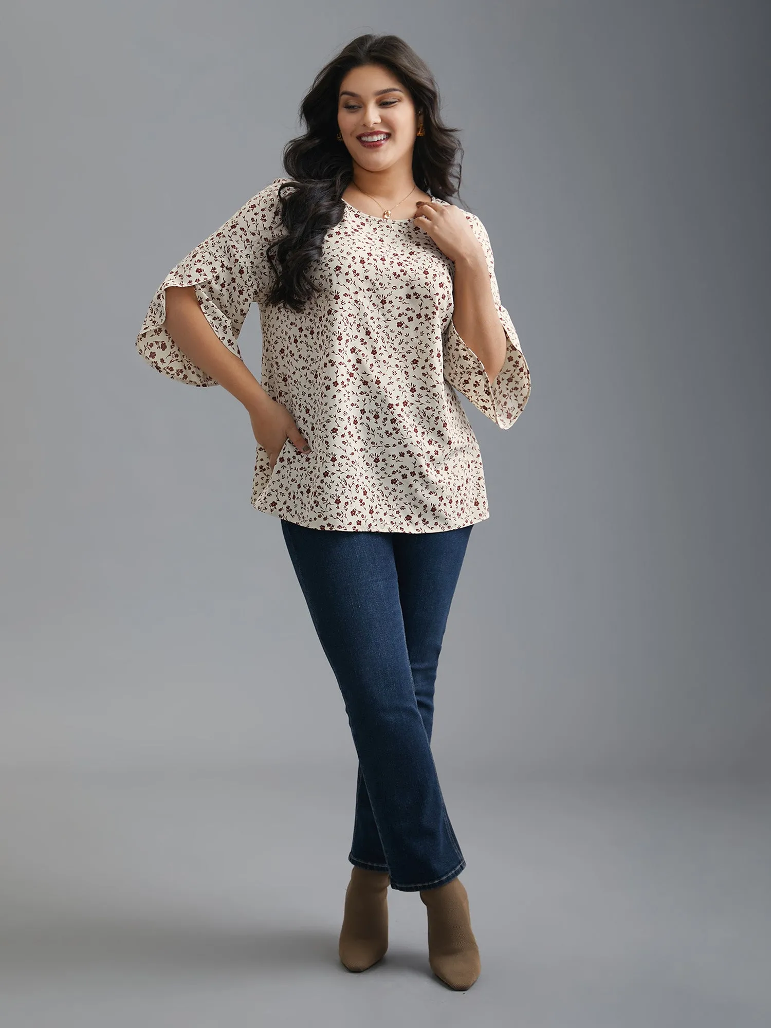 Crew Neck Ditsy Floral Bell Sleeve Blouse sold by Bloomchic product image thumbnail 3
