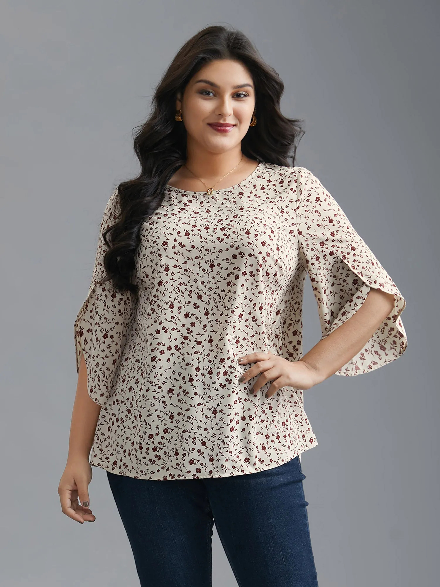 Crew Neck Ditsy Floral Bell Sleeve Blouse sold by Bloomchic