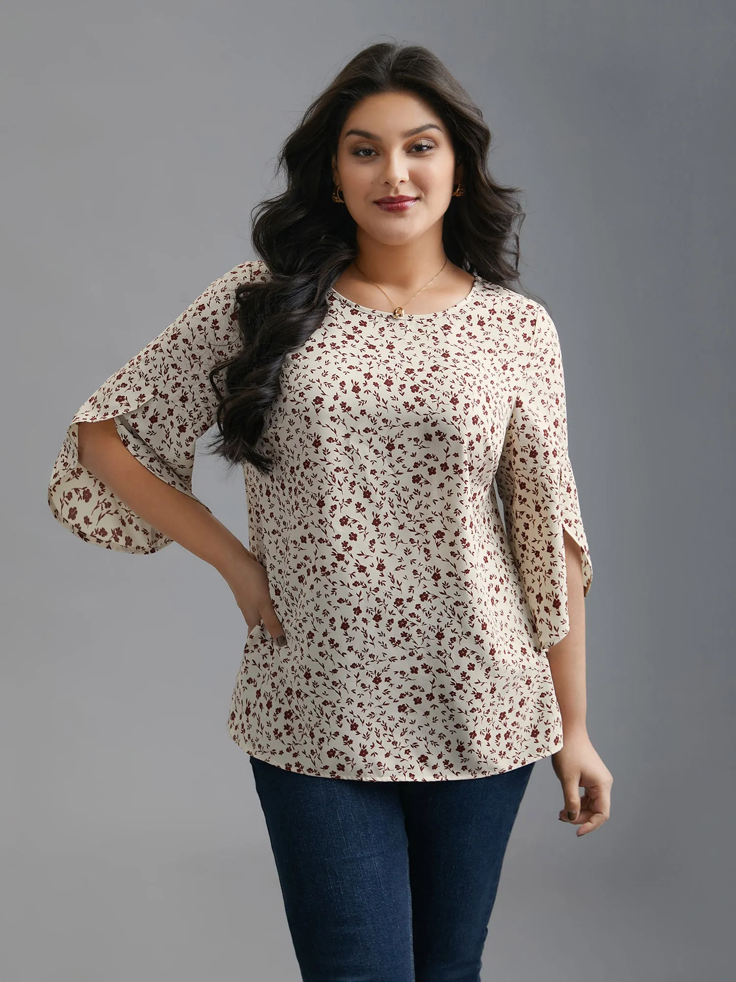 Crew Neck Ditsy Floral Bell Sleeve Blouse sold by Bloomchic product image thumbnail 4