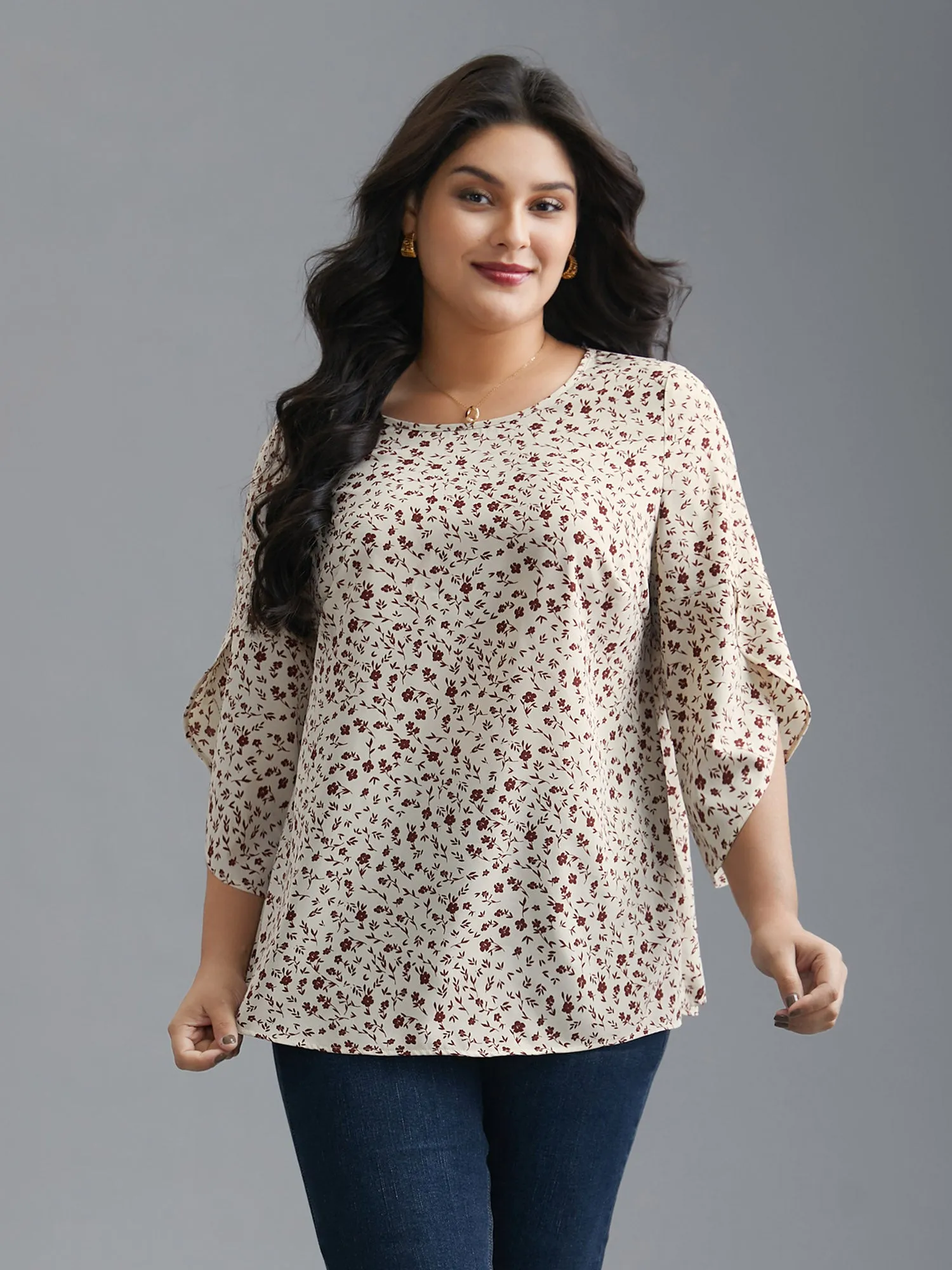 Crew Neck Ditsy Floral Bell Sleeve Blouse sold by Bloomchic product image thumbnail 2