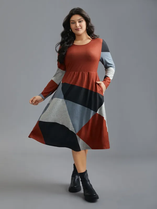 Round Neck Geometric Colorblock Contrast Dress sold by Bloomchic