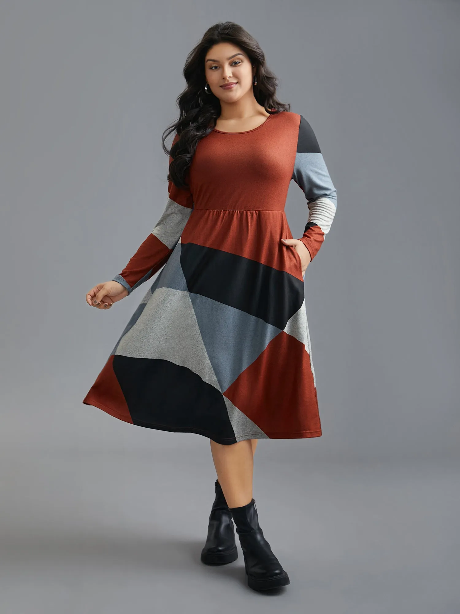 Round Neck Geometric Colorblock Contrast Dress sold by Bloomchic