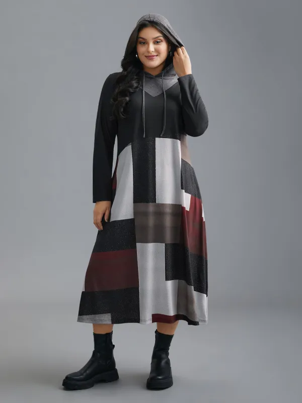 Geo Print Hooded Drawstring Pockets Dress sold by Bloomchic