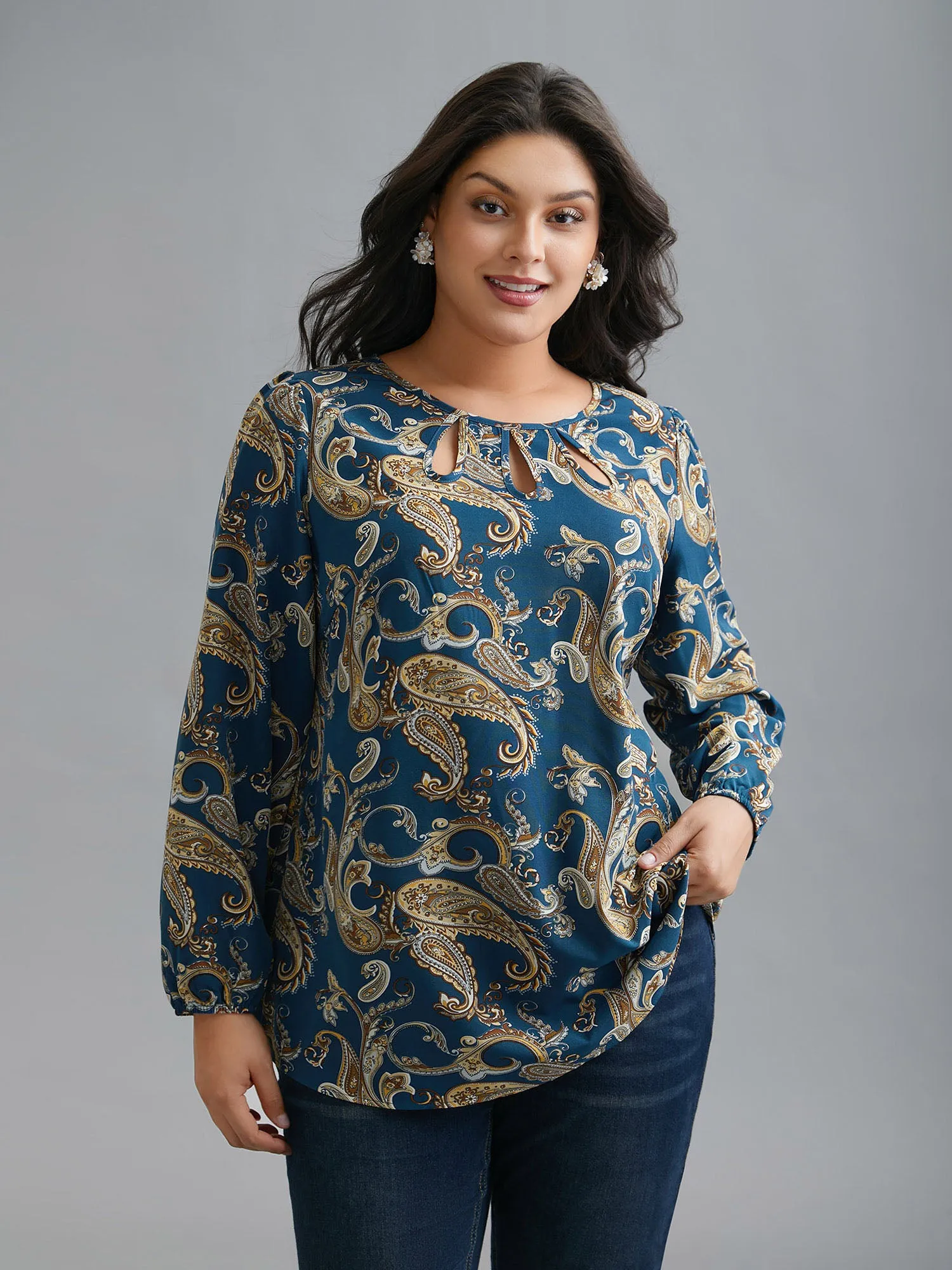 Round Neck Paisley Cut Out Blouse sold by Bloomchic