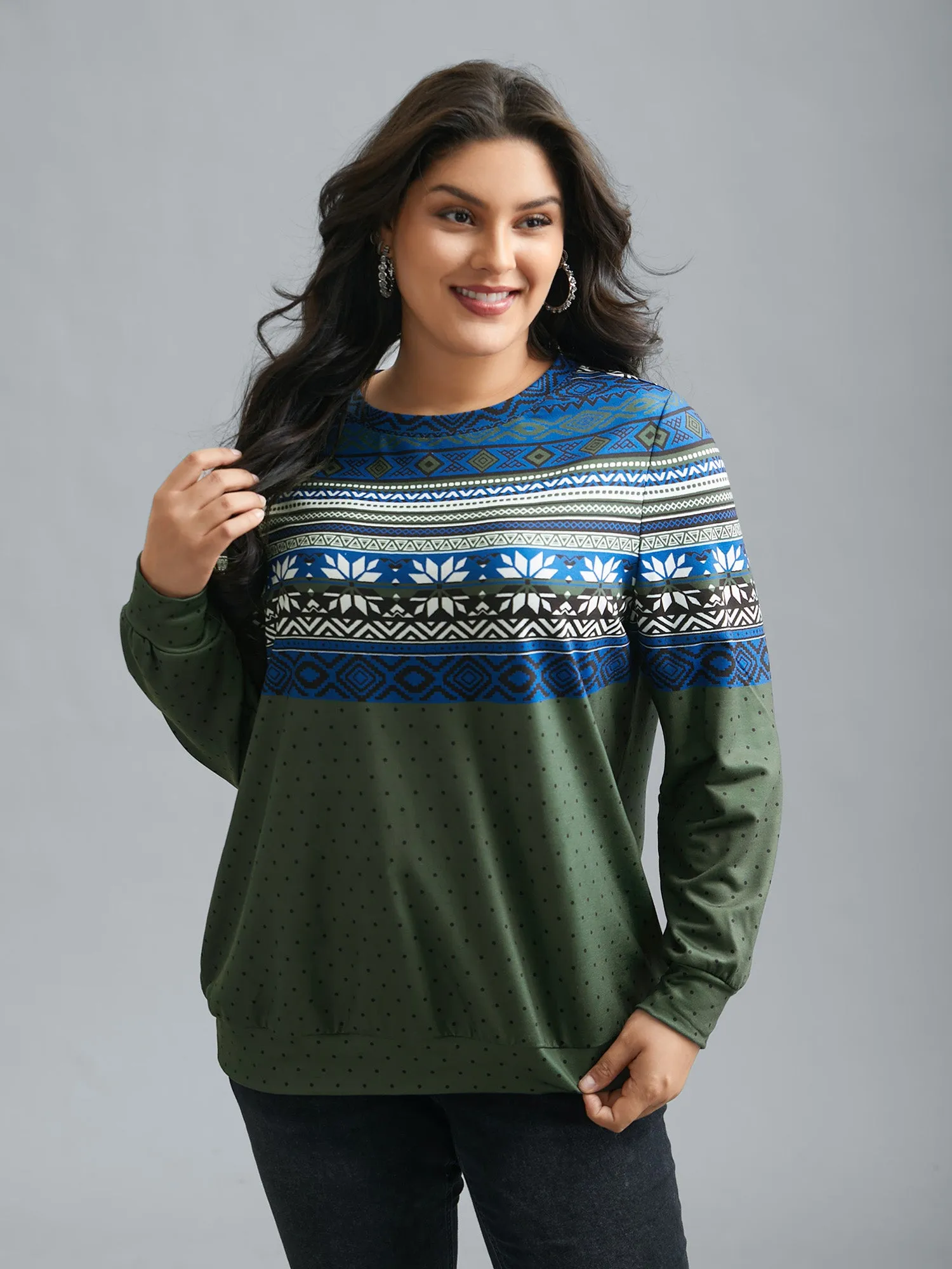 Round Neck Geometric Polka Dot Patchwork Sweatshirt sold by Bloomchic