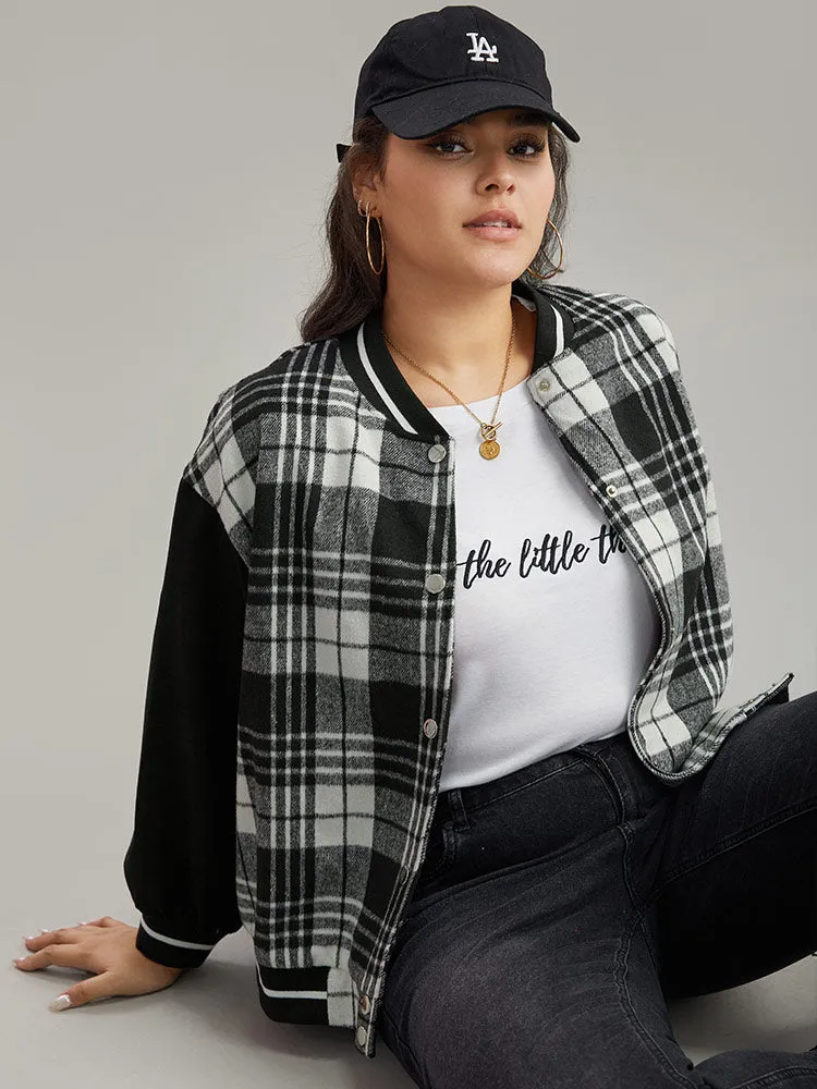 Plaid Button Through Pocket Baseball Collar Bomber Jacket sold by Bloomchic
