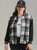 Plaid Button Through Pocket Baseball Collar Bomber Jacket sold by Bloomchic