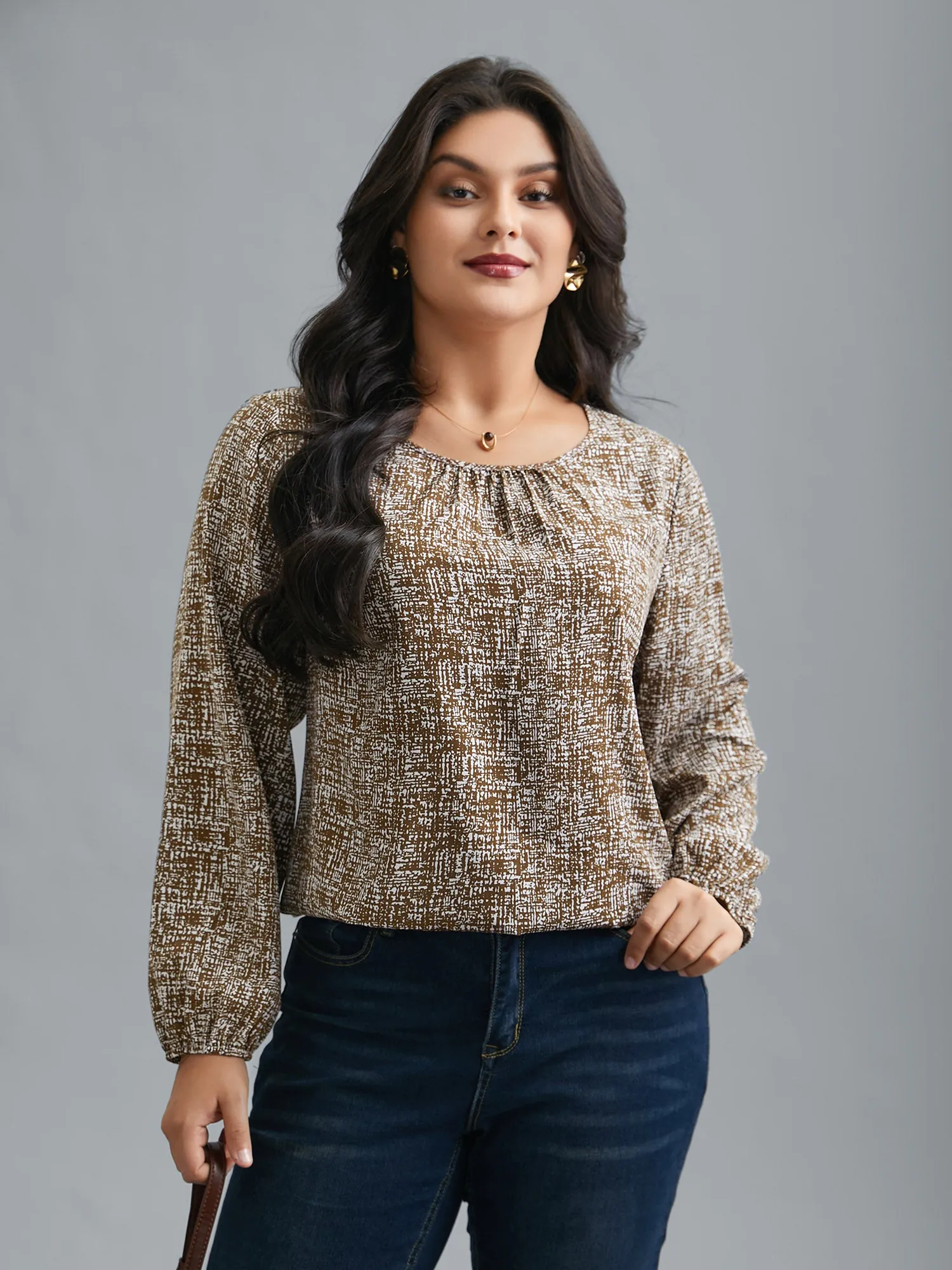 Crew Neck Geometric Print Gathered Blouse sold by Bloomchic