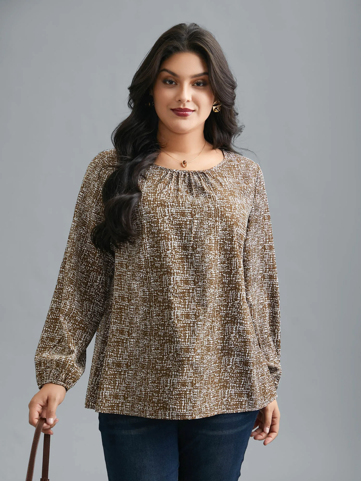 Crew Neck Geometric Print Gathered Blouse sold by Bloomchic product image thumbnail 3