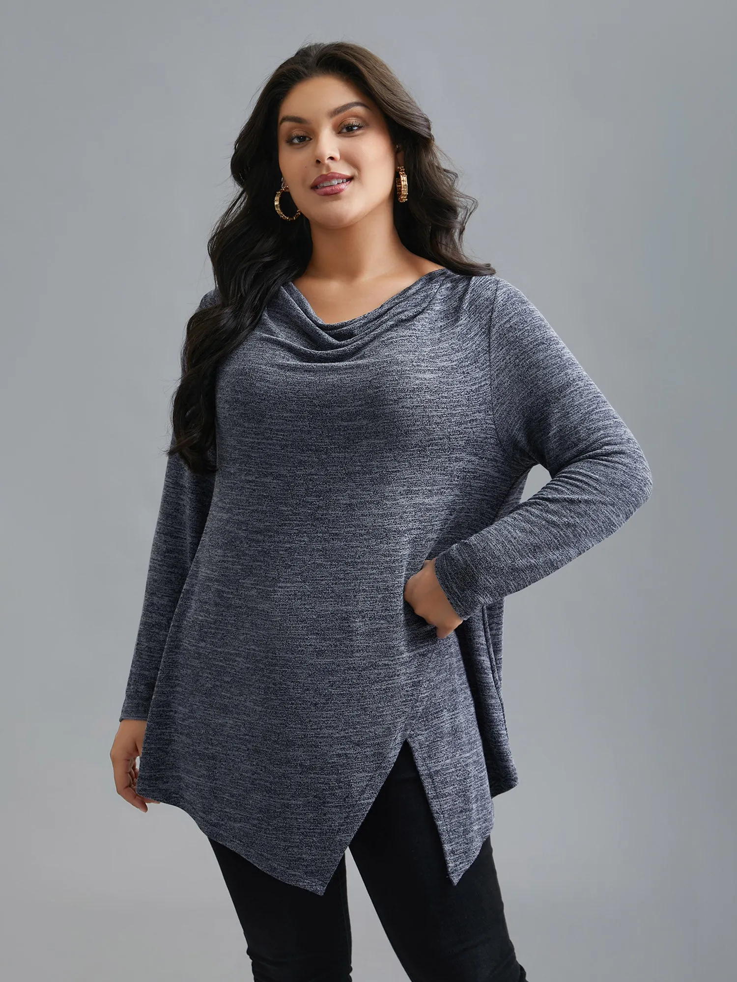 Cowl Neck Side Slit Fitted T-Shirt sold by Bloomchic