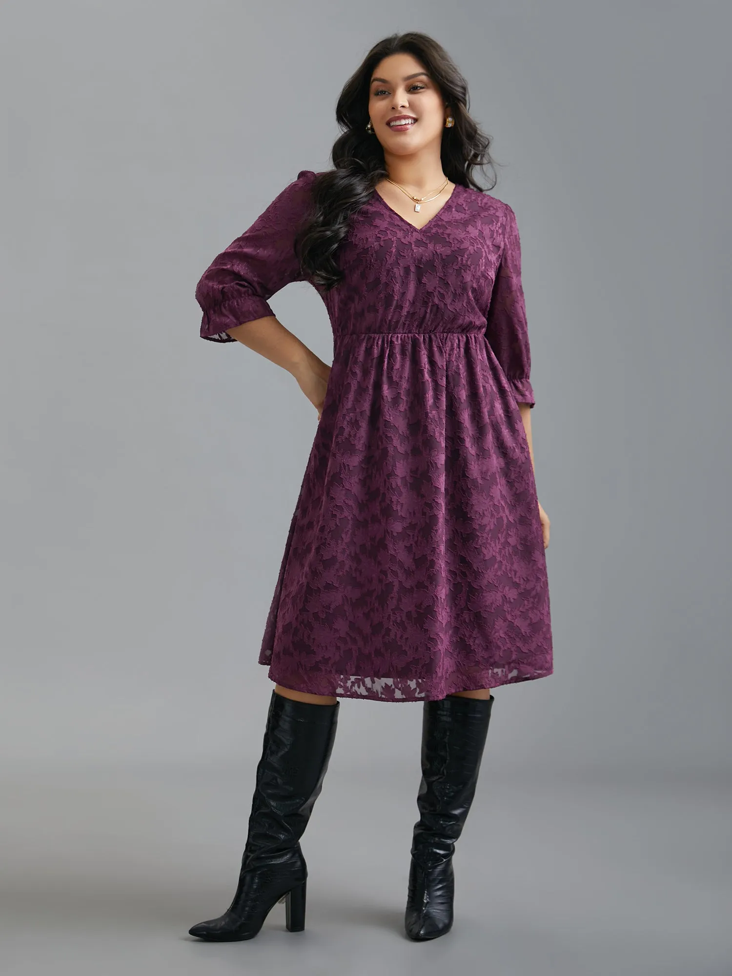 V Neck Burn-out Fabric Midi Dress sold by Bloomchic product image thumbnail 3