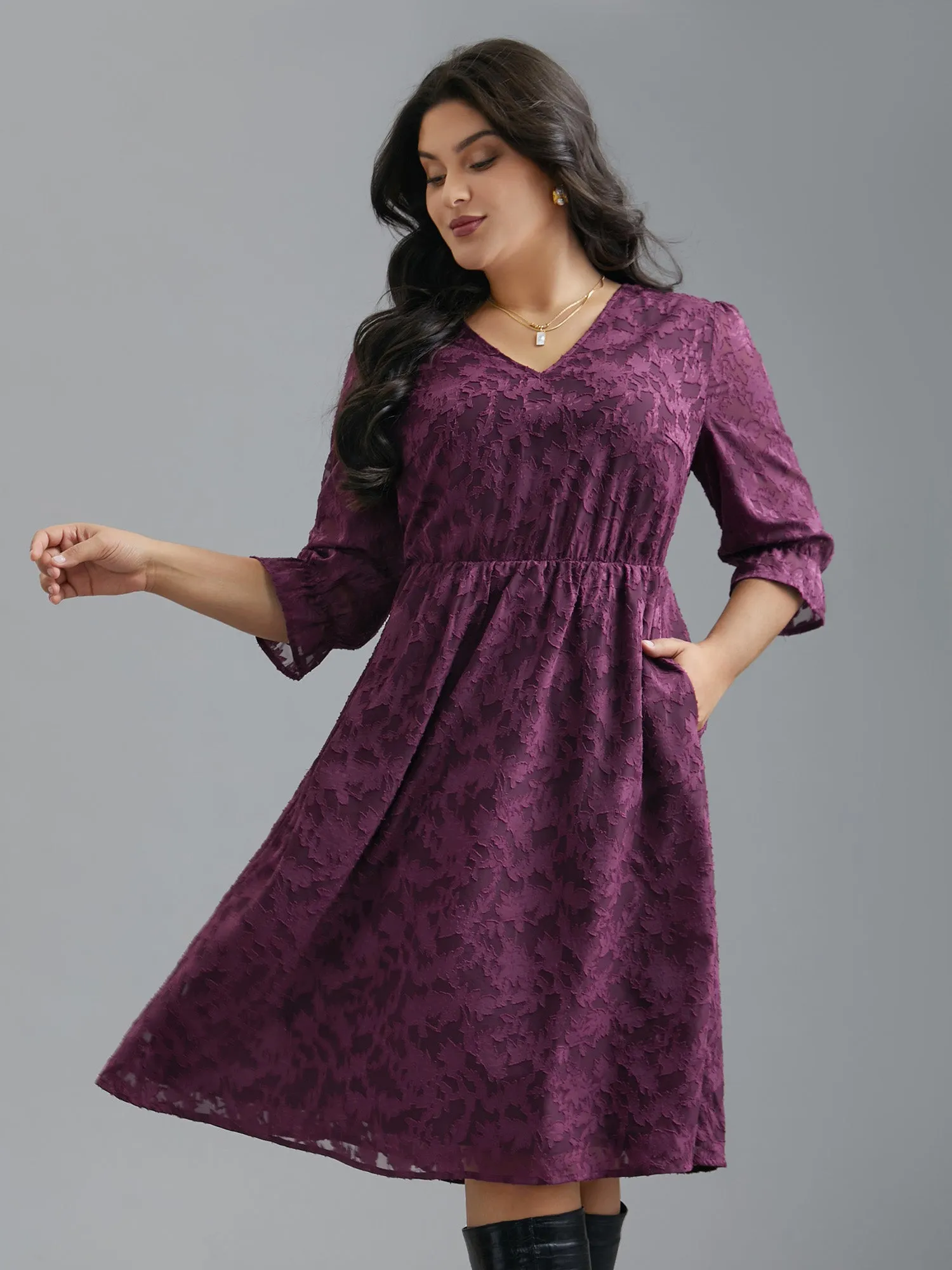 V Neck Burn-out Fabric Midi Dress sold by Bloomchic