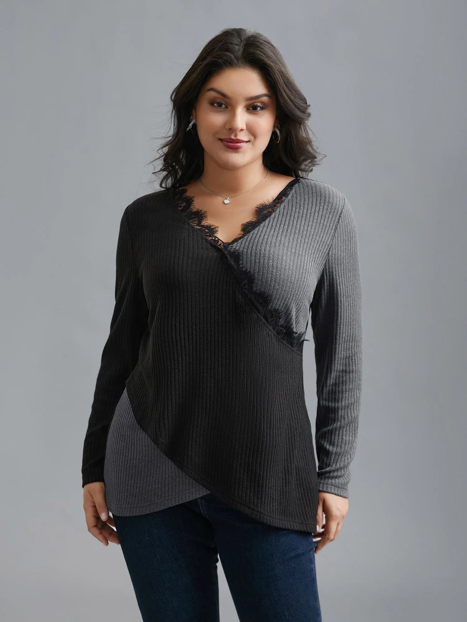 Overlap Collar Lace Trim Stitch T-Shirt sold by Bloomchic product image thumbnail 3