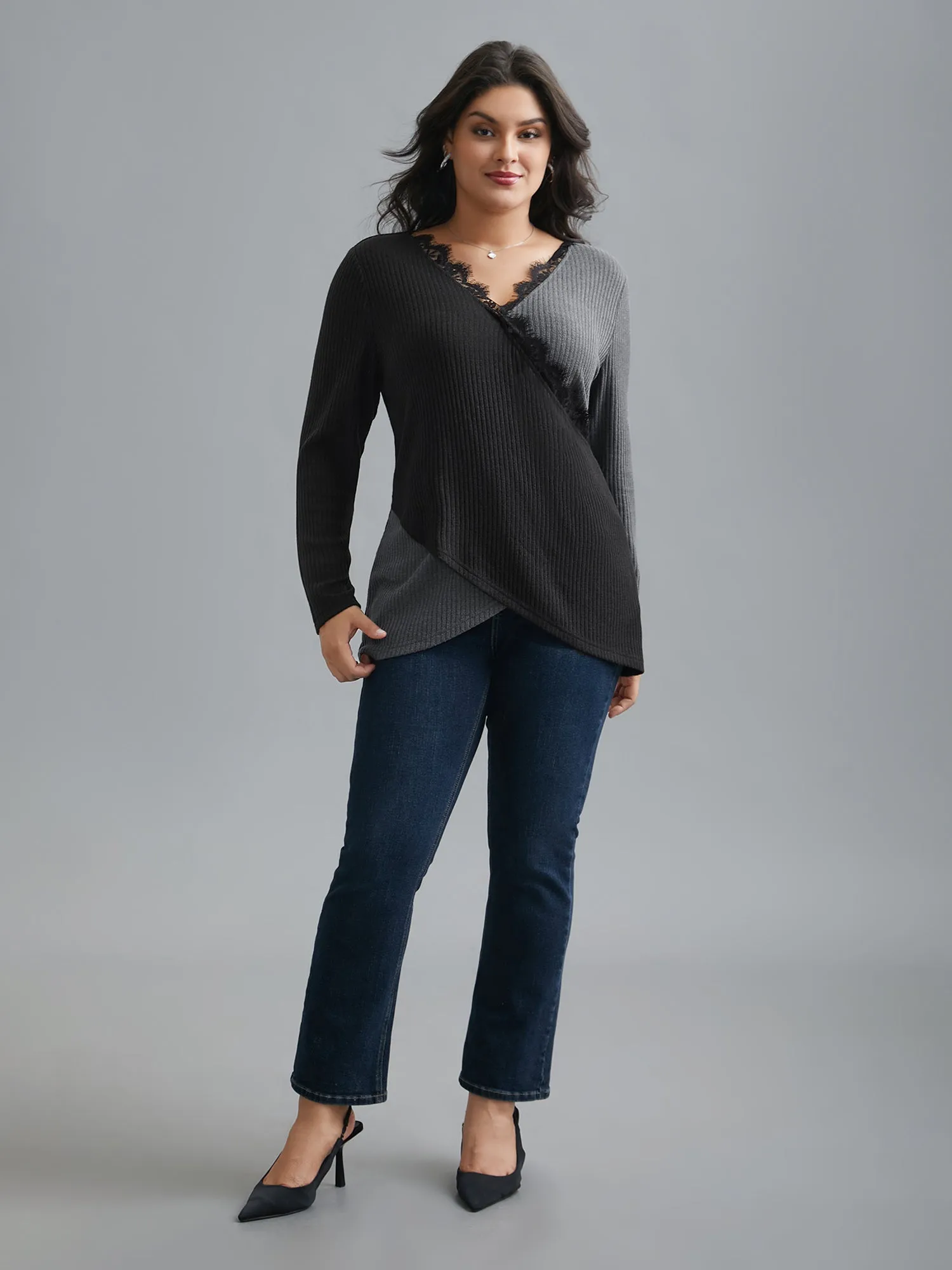 Overlap Collar Lace Trim Stitch T-Shirt sold by Bloomchic product image thumbnail 2