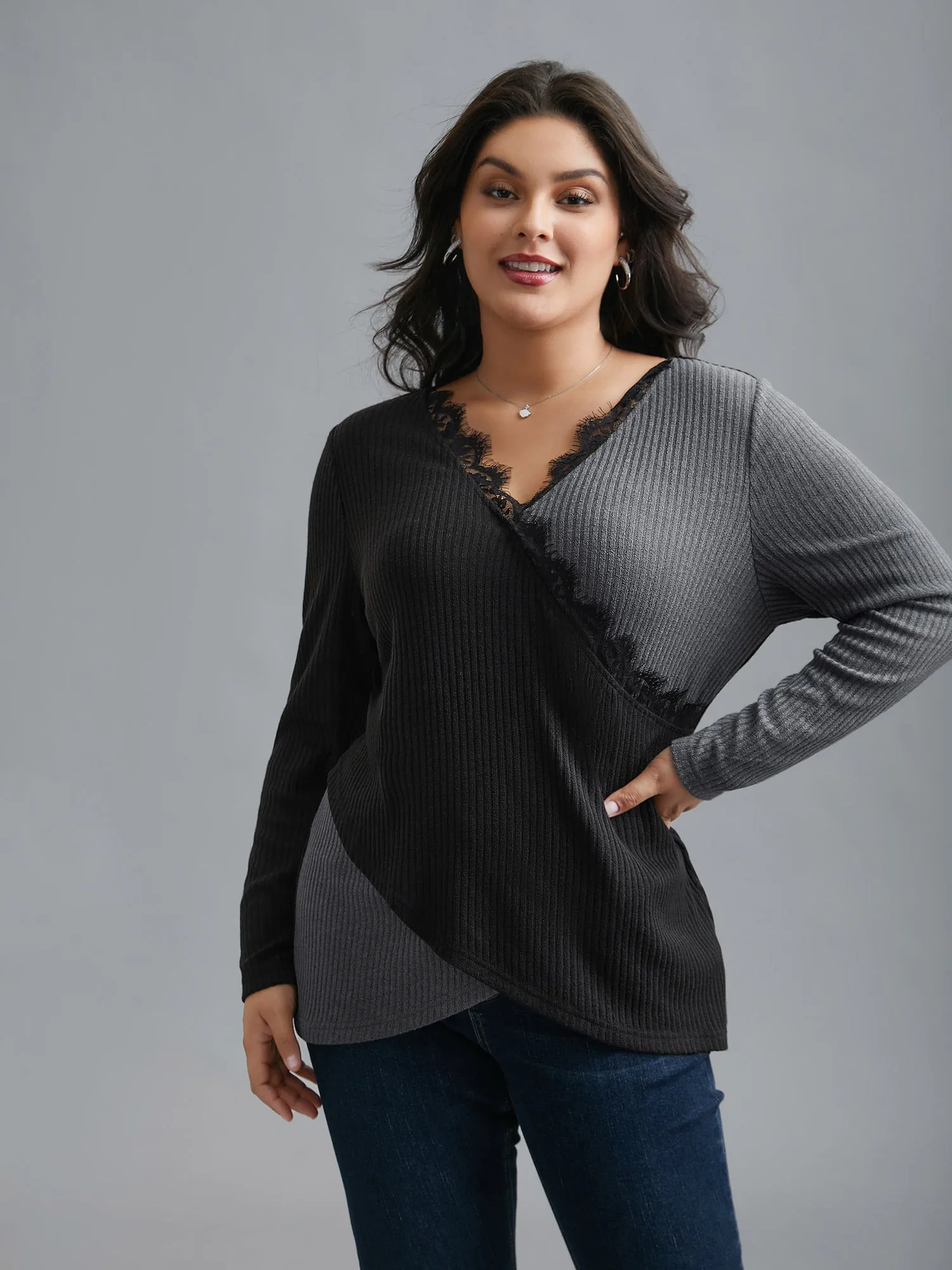 Overlap Collar Lace Trim Stitch T-Shirt sold by Bloomchic