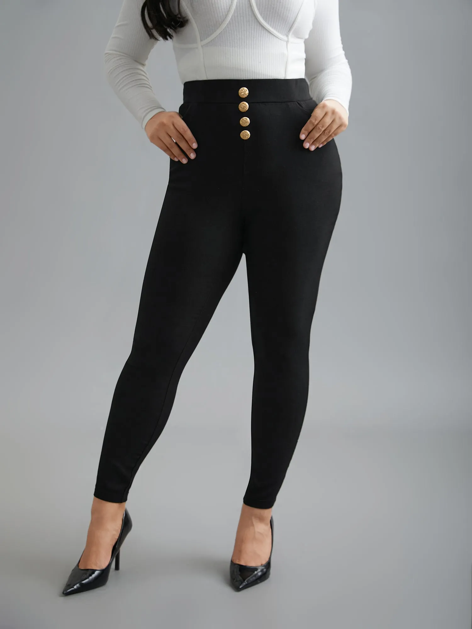 Plain Button Detail Skinny Fit Pants sold by Bloomchic product image thumbnail 3