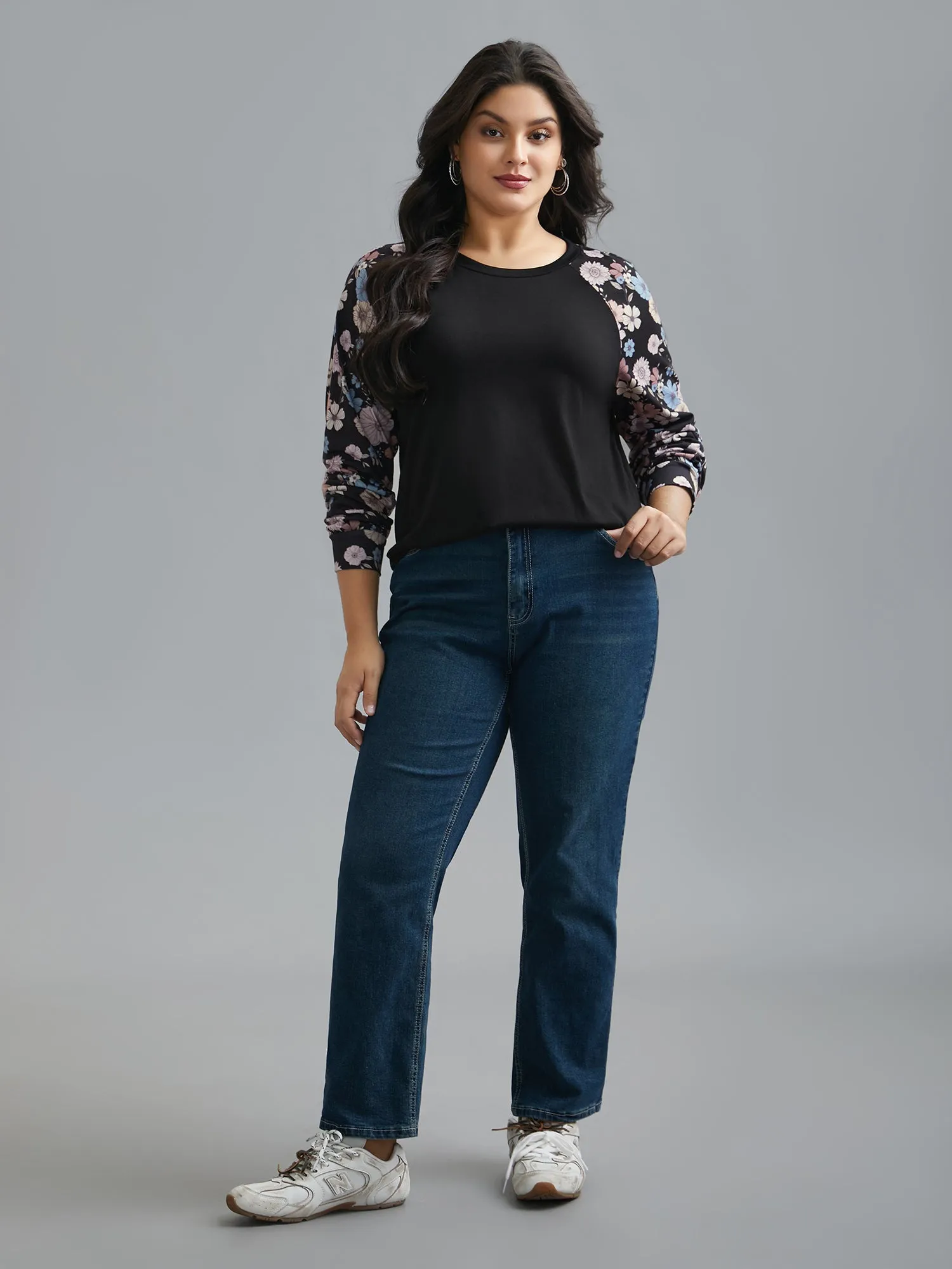 Floral Raglan Sleeve Contrast Fabric T-Shirt sold by Bloomchic product image thumbnail 4