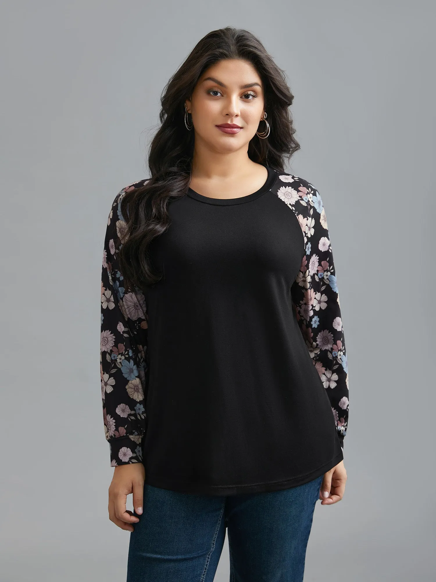 Floral Raglan Sleeve Contrast Fabric T-Shirt sold by Bloomchic